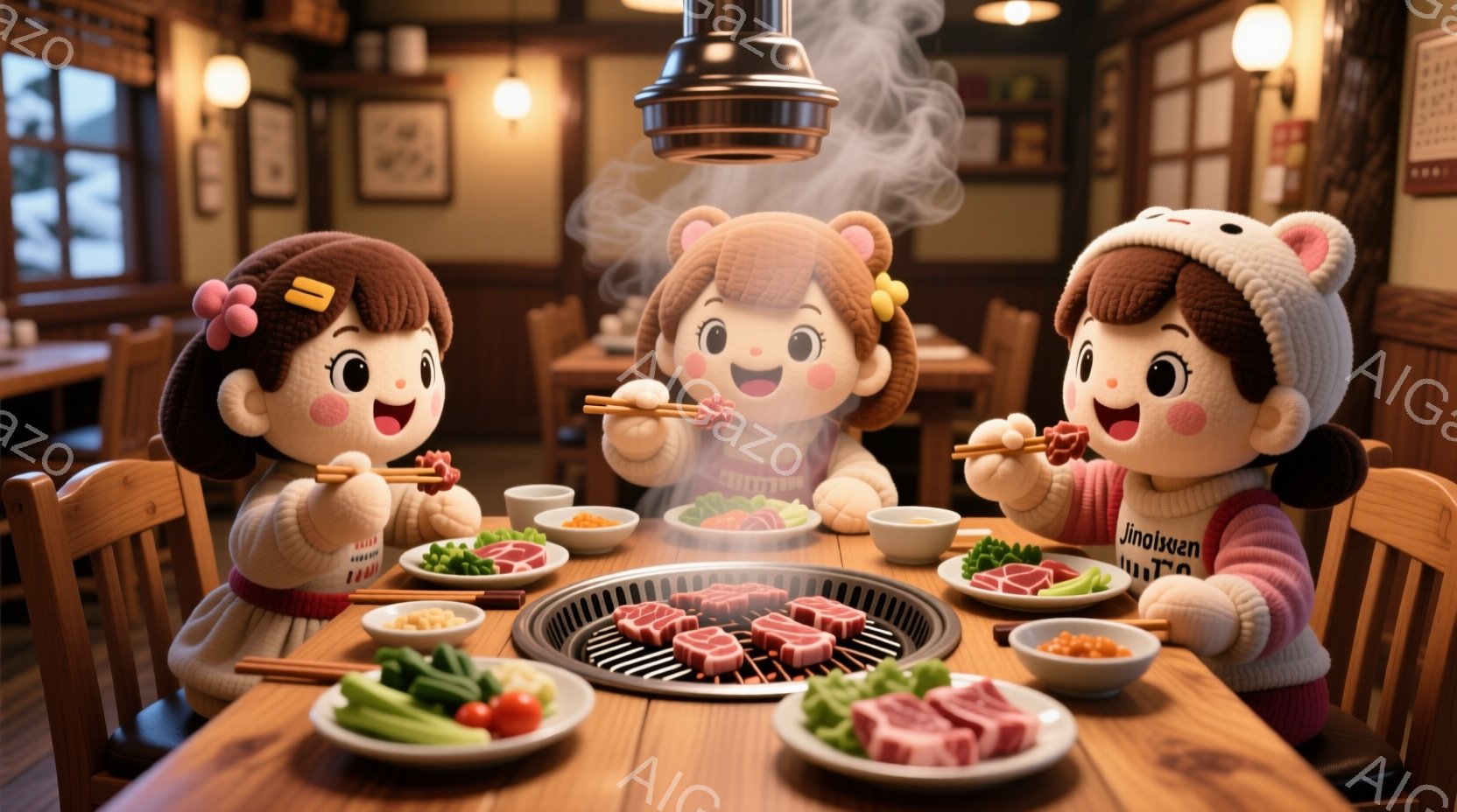 三人の可愛らしい人形が焼き肉を楽しんでいます。それぞれ赤い帽子を被り、白いセーターを着ており、笑顔で肉を焼いたり、食べたりしています。背景は木製のテーブルと壁で、温かく家庭的な雰囲気です。