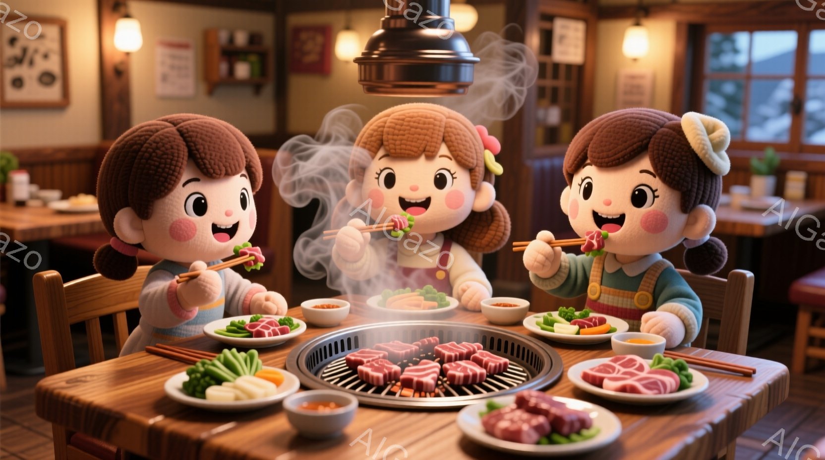 三人の可愛らしい女の子が、煙の出るホットプレートを囲んでバーベキューを楽しんでいます。彼女たちは皆、茶色の巻き毛に白いシャツと緑色のベスト姿で、笑顔で肉を串に刺して食べています。背景には木製のテーブルと壁、そして窓の外には雪景色が見え、暖かく親密な雰囲気が漂っています。