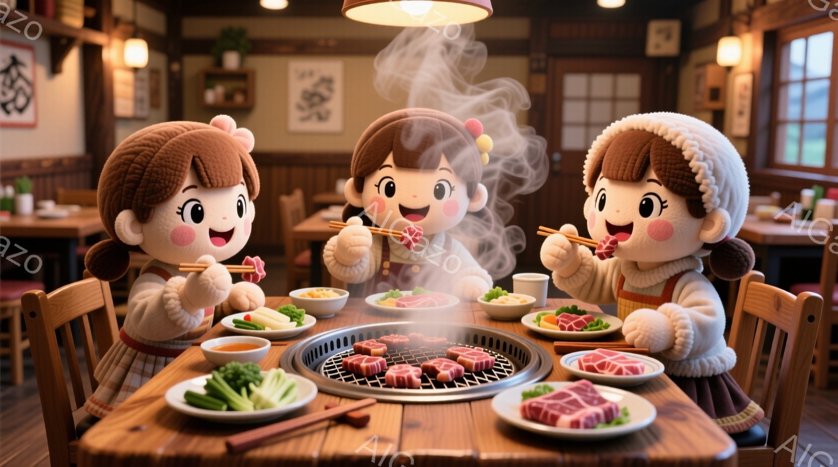 三人の可愛らしい人形が、暖炉のある部屋で韓国風の焼肉を楽しんでいます。人形たちは皆、毛糸で作られたような柔らかい質感で、茶色の髪を頭の上で結び、白いセーターと茶色のスカートを着ています。 暖炉の熱気と焼肉の煙が立ち込め、温かく幸せな雰囲気が漂っています。