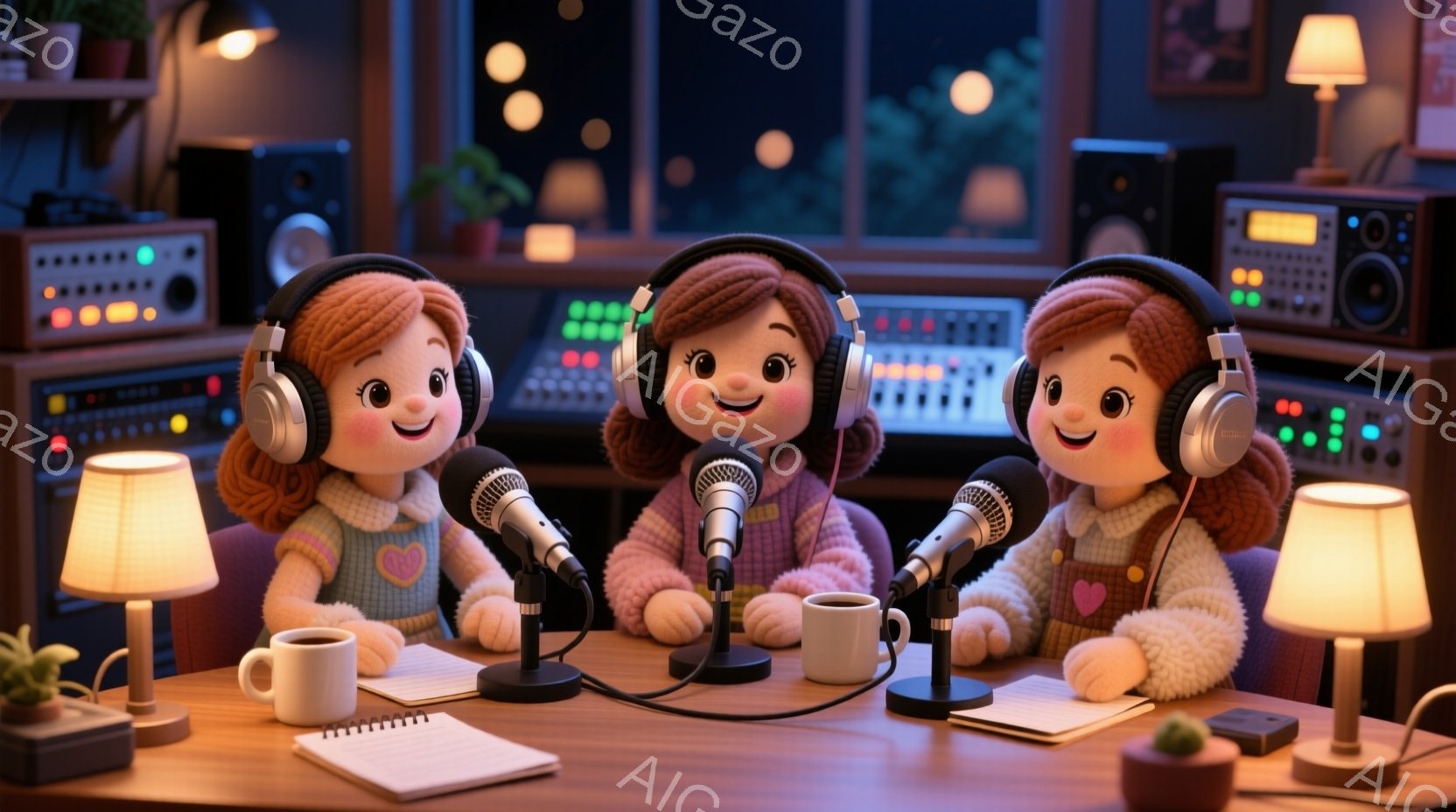 明るい茶色の巻き毛の髪に赤いリボンを付けた3人の女の子が、マイクの前で並んで座っています。それぞれピンク色のセーターを着ており、笑顔で正面を見ています。背景にはラジオの機材や植物、暖色の照明があり、全体的に温かく親しみやすい雰囲気です。