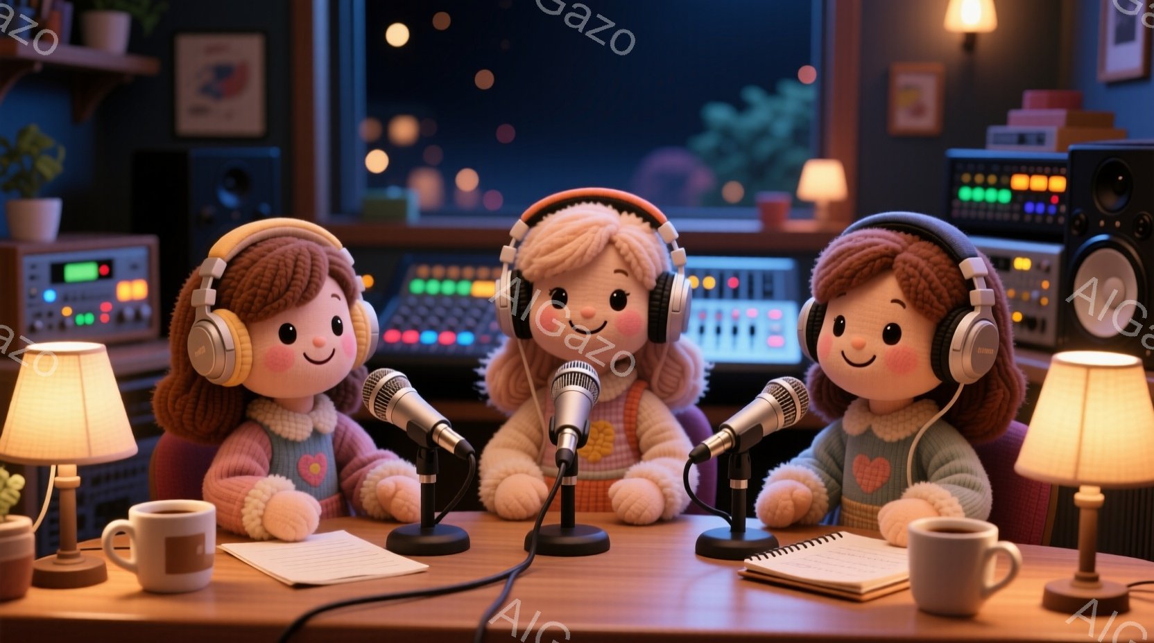三体の可愛らしい人形が、マイクに向かって座っている様子が描かれています。人形たちはピンク色のセーターを着ており、カールした髪型で、それぞれ笑顔を浮かべています。背景には、ラジオ局のような機材や照明が配置され、温かく親しみやすい雰囲気が漂っています。
