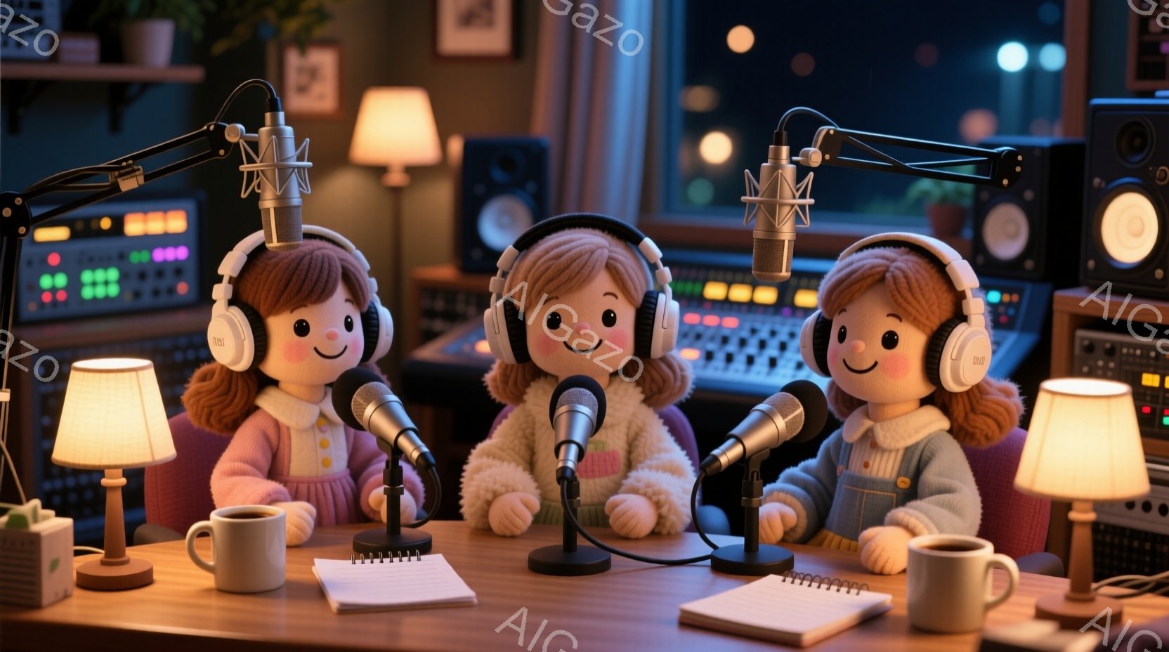 ３人の愛らしい人形が、机を挟んで向かい合って座っており、それぞれマイクをつけている。彼女たちは皆、明るい色の服を着て、巻き毛の髪型をしており、笑顔で親しみやすい表情を見せている。背景には、レコーディングスタジオのような機材が並び、暖色系の照明と窓からの夜景が、温かく親密な雰囲気を醸し出している。