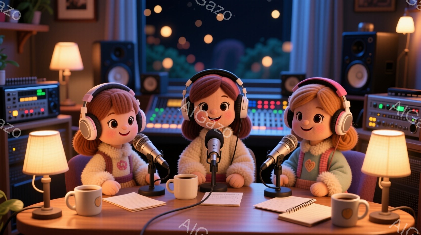 三人の若い女性が円形のテーブルを囲んで座っており、それぞれヘッドセットとマイクをつけている。彼女たちは皆、ピンク色の髪をポニーテールにし、白い縁取りのある薄いピンク色のセーターを着て、笑顔で前を見ている。背景には、スピーカーやミキサーなどの録音機材、そしてぼやけた夜空と街並みが映り、温かく親密な雰囲気を作り出している。