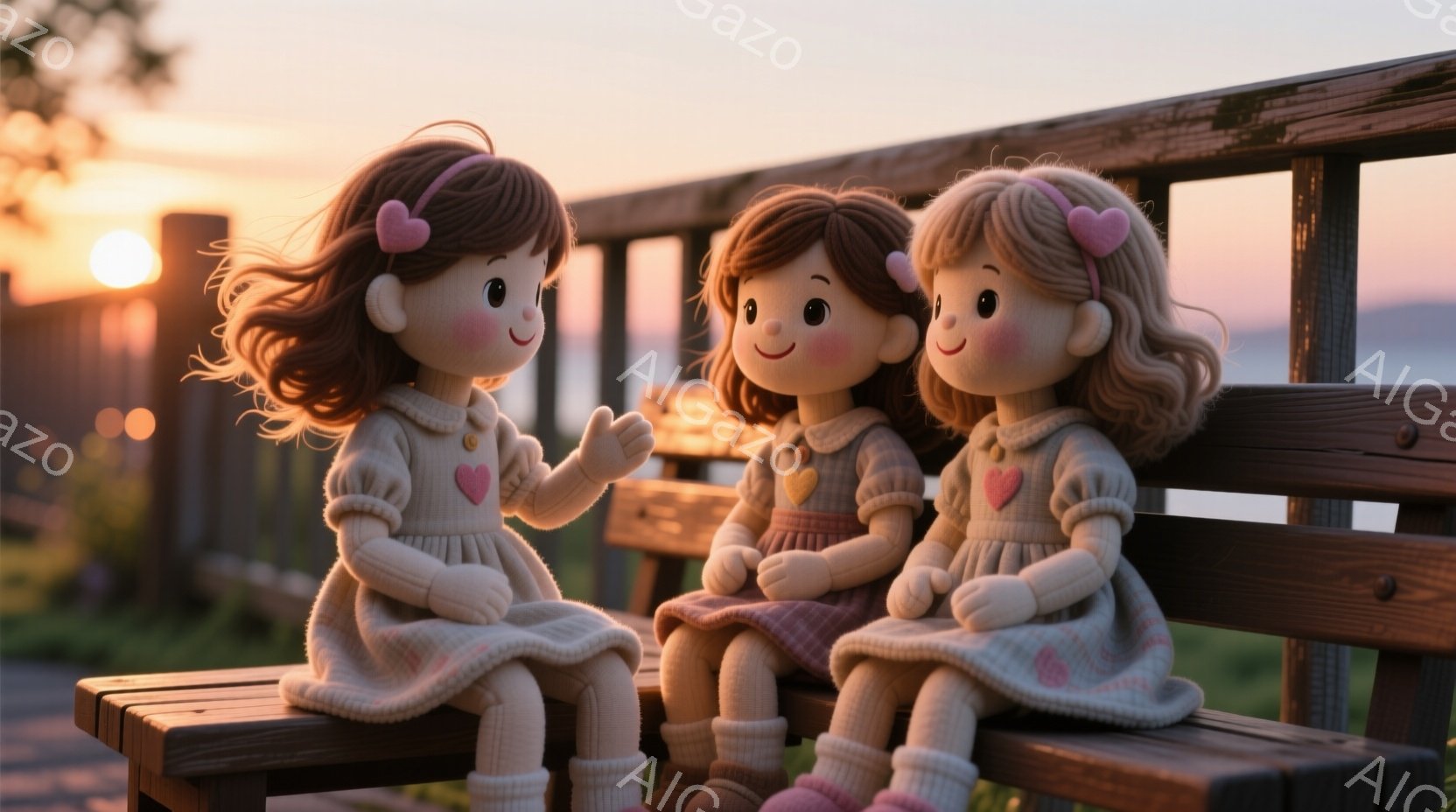 ３人の少女が、古びた木製のベンチに座っています。それぞれニットのセーターとスカートを身に着け、髪にはピンクのリボンをつけています。背景には夕焼け空と緑豊かな自然が広がり、穏やかで温かい雰囲気を醸し出しています。