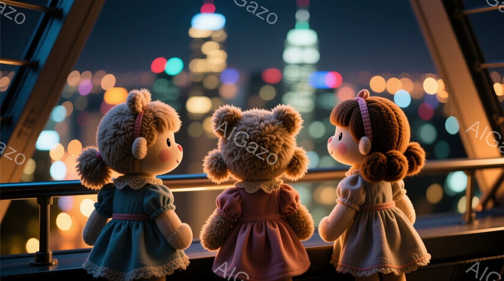 三体の可愛らしいテディベアが、夜景を見下ろすように並んでいる。それぞれ異なる色のドレスを着ており、髪型はサイドにポンポンがついたお団子ヘアである。背景にはきらめく夜の都市が広がり、暖かく幻想的な雰囲気を醸し出している。