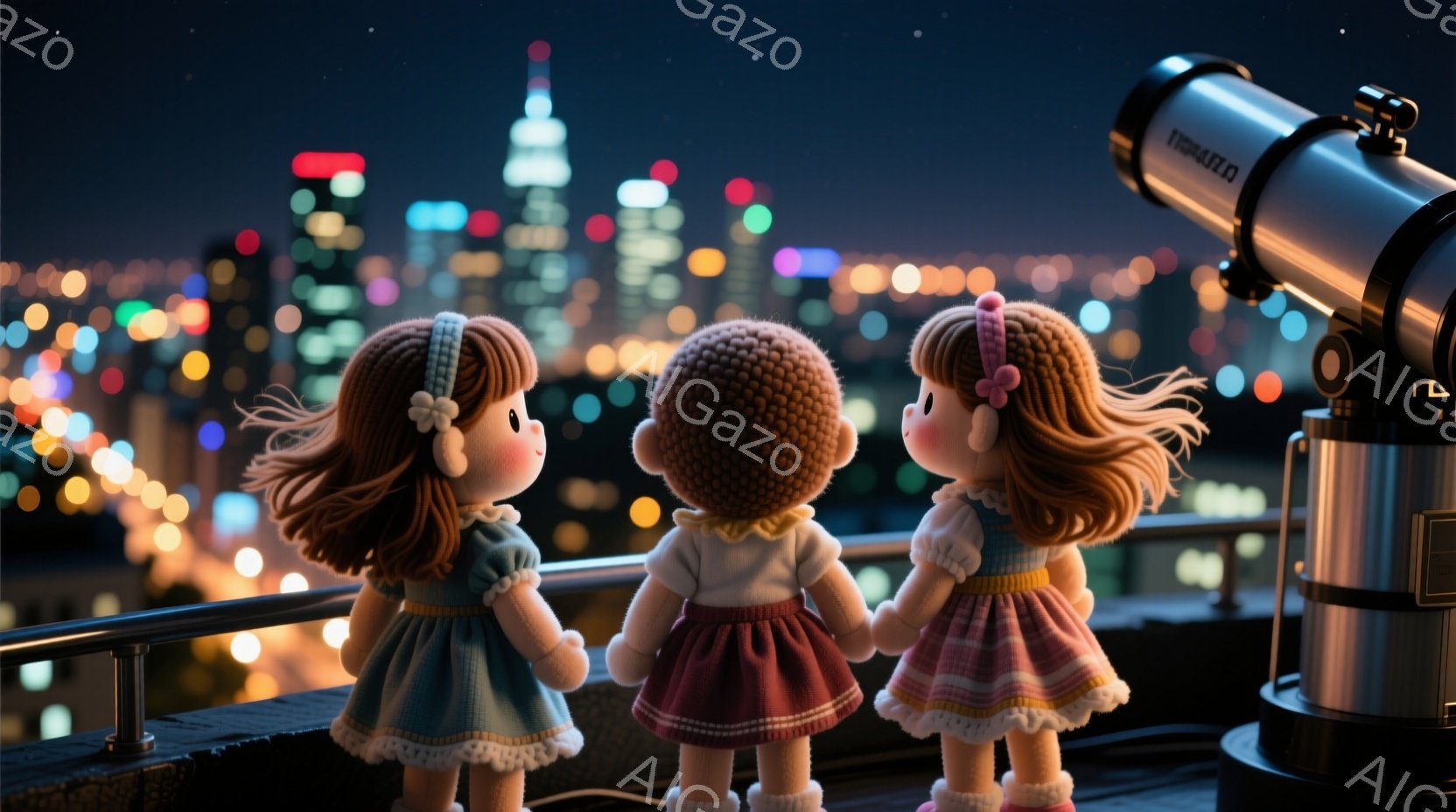 三体の可愛らしい人形が、夜景を見下ろす屋上に立っています。左と右の人形は青とピンクのフリルスカートのワンピースを着ており、同じようにカールした茶色の髪をしています。背景には、きらめく夜景が広がり、高層ビル群がシルエットとして浮かび上がり、天体望遠鏡が置かれています。