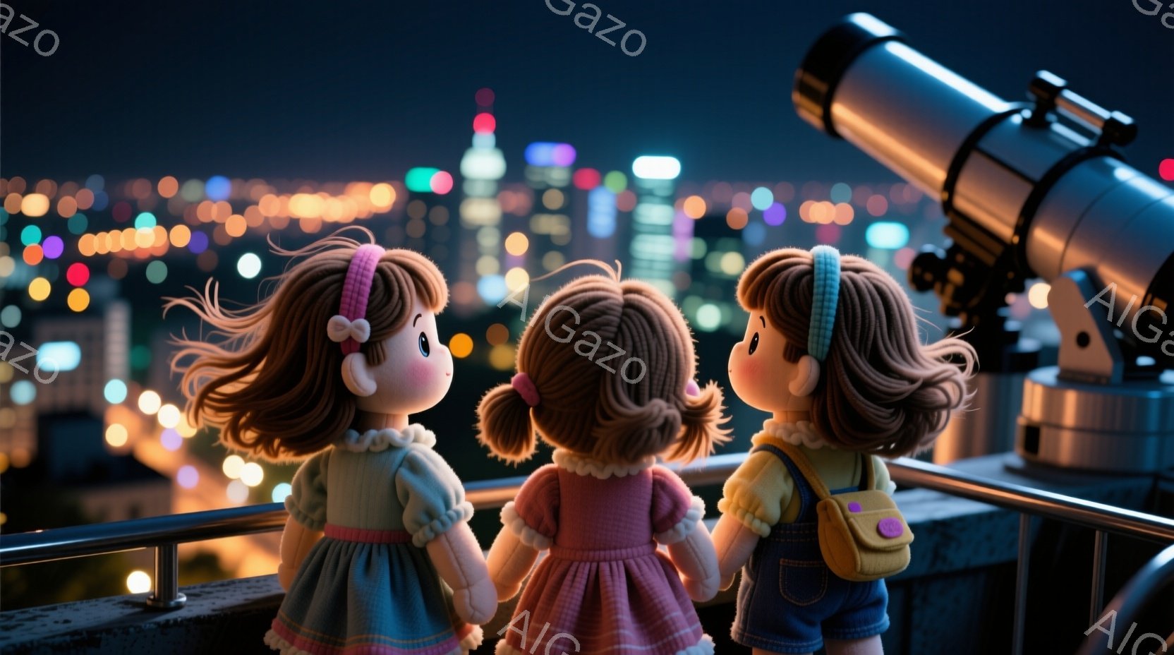 三人の女の子が肩を並べて夜景を見下ろしている。それぞれピンク、ピンクと白のストライプ、デニムのオーバーオールという可愛らしい服装で、髪型は全て同じようにカールしたポニーテールにリボンをつけている。背景にはきらめく夜景が広がり、高層ビル群がライトアップされ、幻想的な雰囲気を醸し出している。