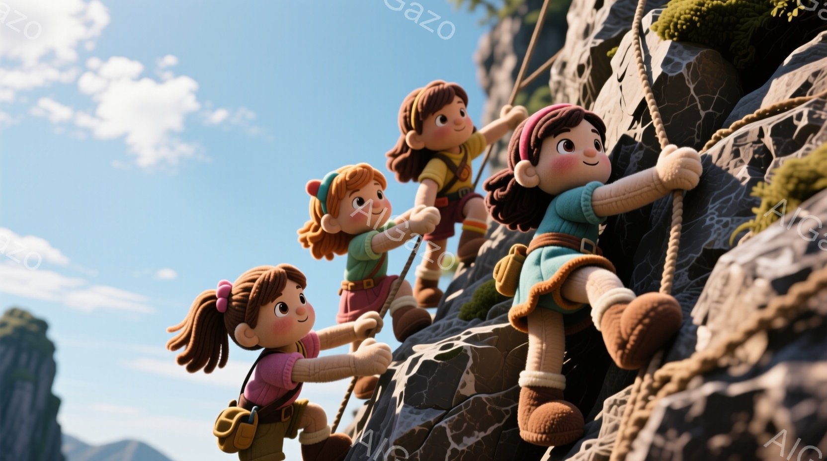 少女たちが険しい岩肌をロープを使って登っている様子が描かれています。彼女たちはそれぞれ赤い髪をポニーテールにし、ベージュ色のベスト、緑色のシャツ、茶色のズボンとブーツを着用し、冒険心に満ちた表情をしています。背景には青い空と緑豊かな自然が広がり、晴れた日のアウトドアアドベンチャーの雰囲気が漂います。