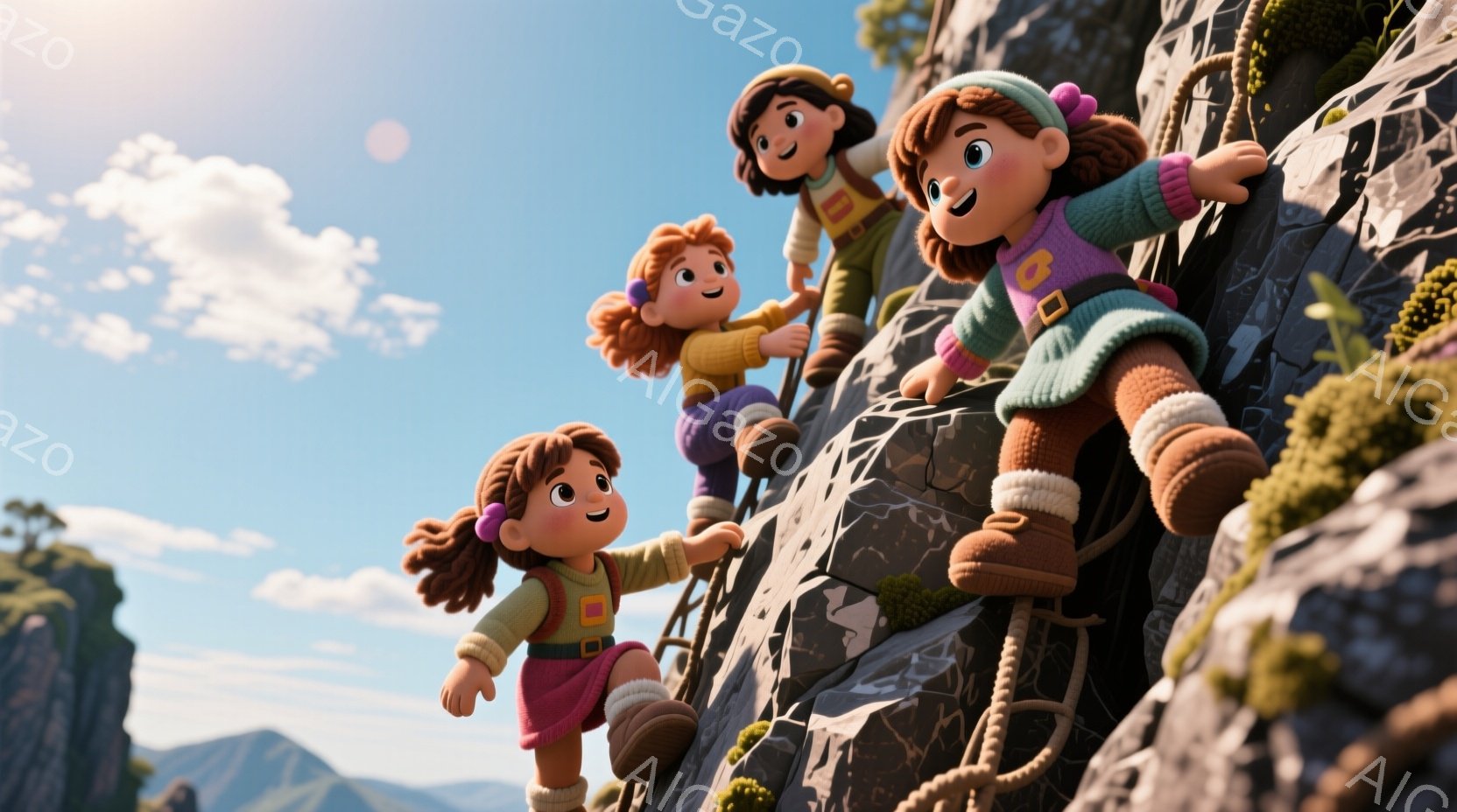 崖をロープを使って登っている三人の若い女性が描かれています。彼女たちは皆、赤毛をポニーテールにし、ピンク、緑、黄色のセーター、ズボン、ブーツといったアウトドアウェアを身につけています。背景には、緑豊かな山々と青空が広がり、晴れた日の冒険の雰囲気を醸し出しています。