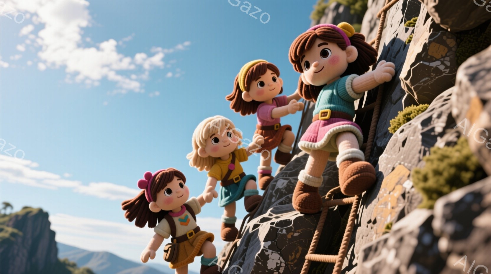 崖をロープを使って登っている3人の少女が描かれています。それぞれ茶色または金色の巻き毛で、ハイキングに適したショートパンツとベスト、そしてベルトを着用しています。背景には緑豊かな山々と青空が広がり、晴れた日の冒険心を掻き立てるような雰囲気です。