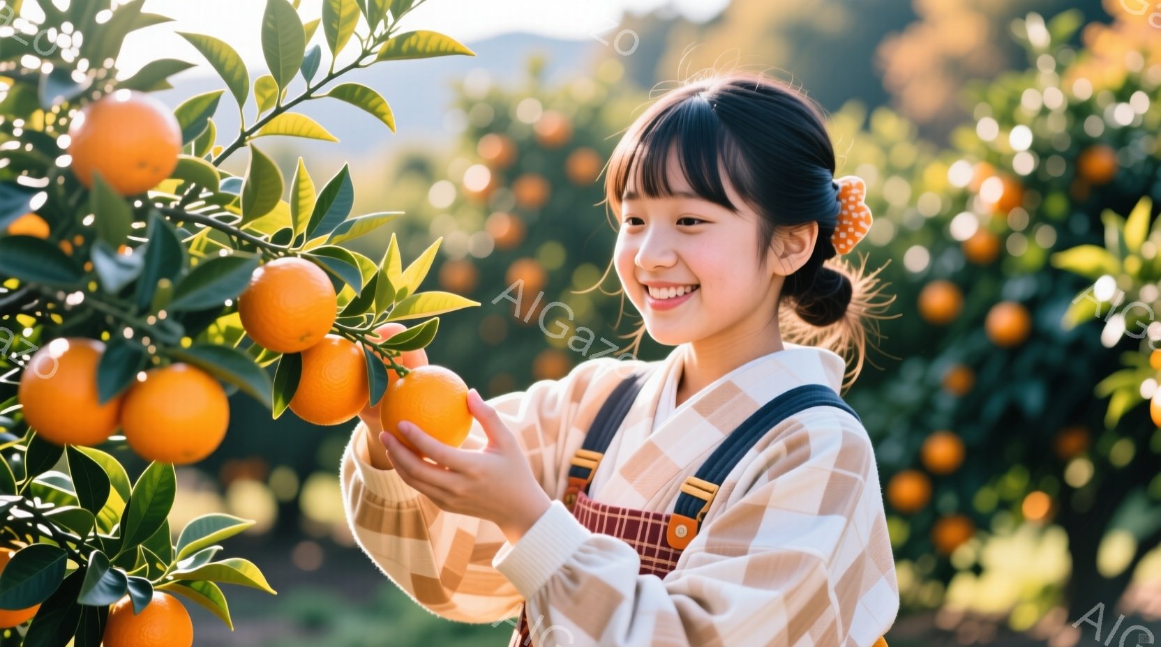 少女はみかんの木立で、みかんを両手で抱え、満面の笑みを浮かべている。彼女はチェック柄のオーバーオールに白い長袖シャツを着ており、髪は前髪を出し、後ろで一つにまとめている。背景はみかんの木々が広がり、太陽の光が差し込み、暖かく穏やかな雰囲気を醸し出している。