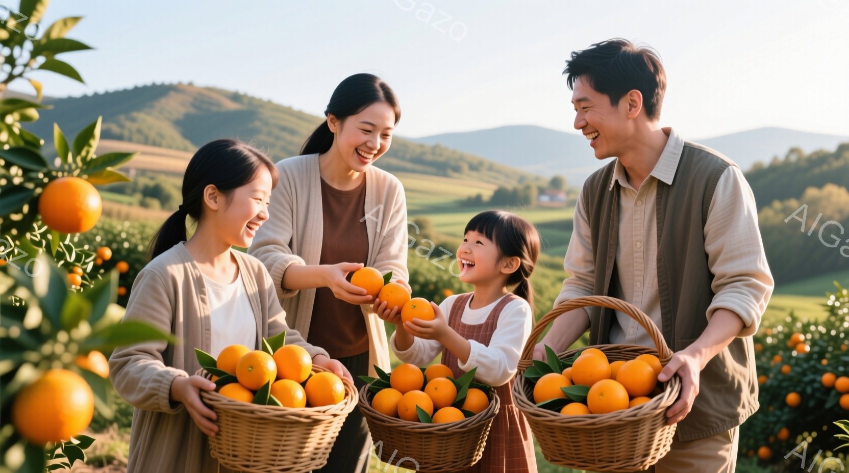 オレンジ畑で、笑顔の家族が収穫を楽しんでいる様子が写っている。母親はベージュのカーディガンに白いインナー、娘はベージュのワンピース、父親はベージュのベストに白いシャツという服装で、それぞれ手にはオレンジがいっぱいに入ったバスケットを持っている。背景には緑豊かな丘陵が広がり、晴れた空の下、温かく幸せな雰囲気が漂っている。