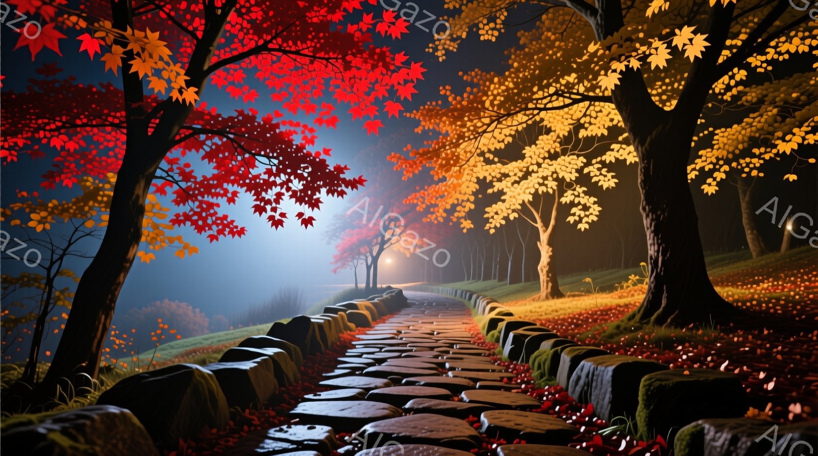 晩秋の庭園を石畳の道が貫いている。赤や黄色の紅葉が美しい木々が道の両脇に立ち並び、地面には散った葉が敷き詰められている。霧が立ち込め、遠くにはぼんやりと灯りが灯り、幻想的で静寂な雰囲気を醸し出している。