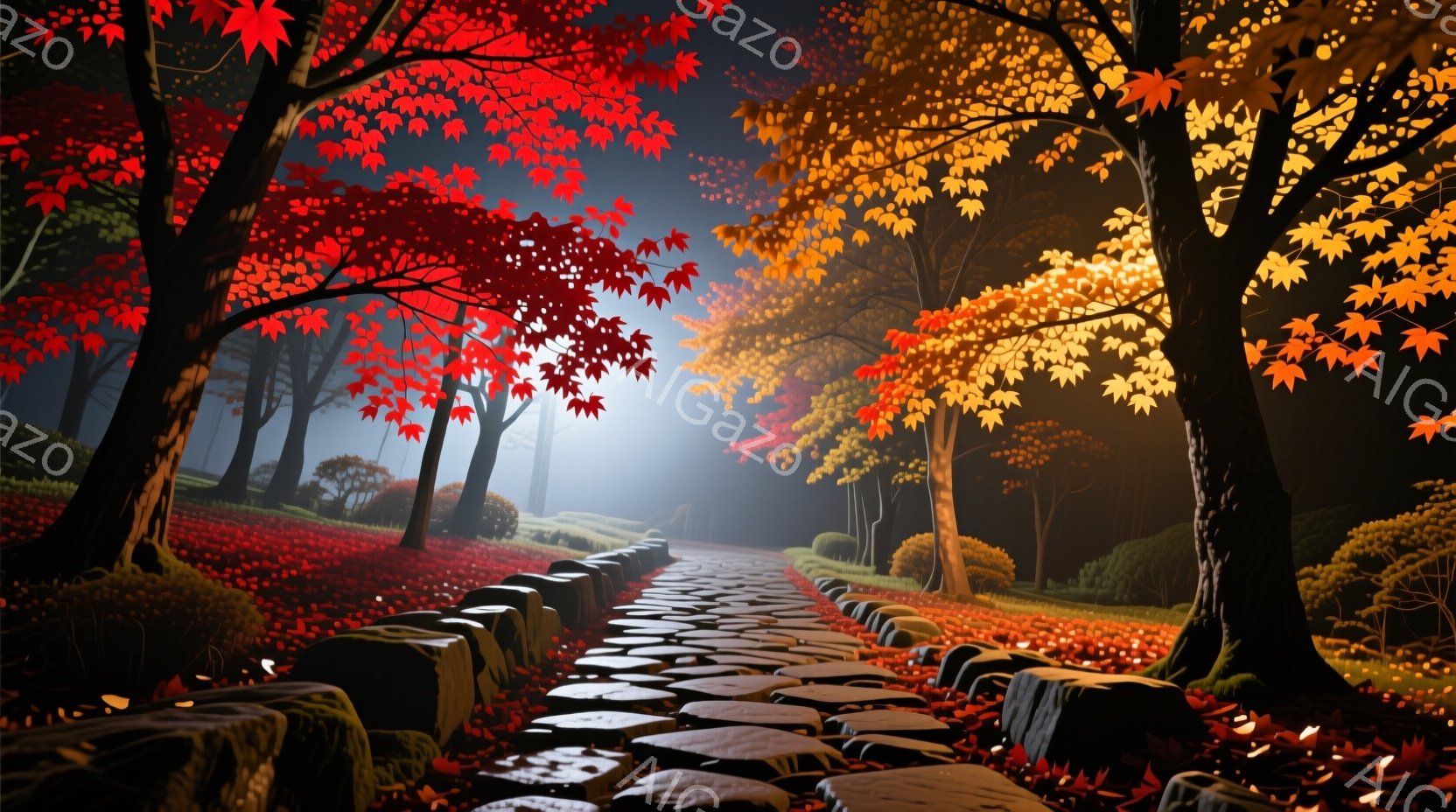 赤や黄色の紅葉に彩られた庭園の石畳の道が、霧の中に消えていく様子が描かれている。道沿いには手入れされた低木があり、背景には鬱蒼とした木々が立ち並び、全体的に静寂で幻想的な雰囲気が漂っている。鮮やかな色彩と霧の効果が、秋の深まりを感じさせる美しい情景を作り出している。