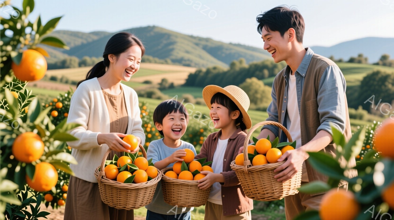 オレンジ園で、笑顔の家族が収穫を楽しんでいる様子が描かれています。母親は長髪でセーターを着ており、息子たちはそれぞれバスケットいっぱいのオレンジを持っている、片方は麦わら帽子をかぶっています。背景には緑豊かな丘が広がり、晴れた空の下、温かい雰囲気の家族のひとときが表現されています。