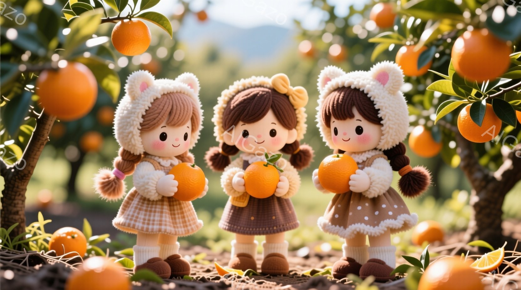 ３人の可愛らしい女の子がおもちゃのように並んでいます。それぞれクリーム色の帽子と茶色の巻き毛の髪型で、ポピー色のワンピースとブラウンのブーツを履いています。背景にはオレンジが実った木々があり、地面には落ちたオレンジが散らばっていて、温かく穏やかな雰囲気を醸し出しています。
