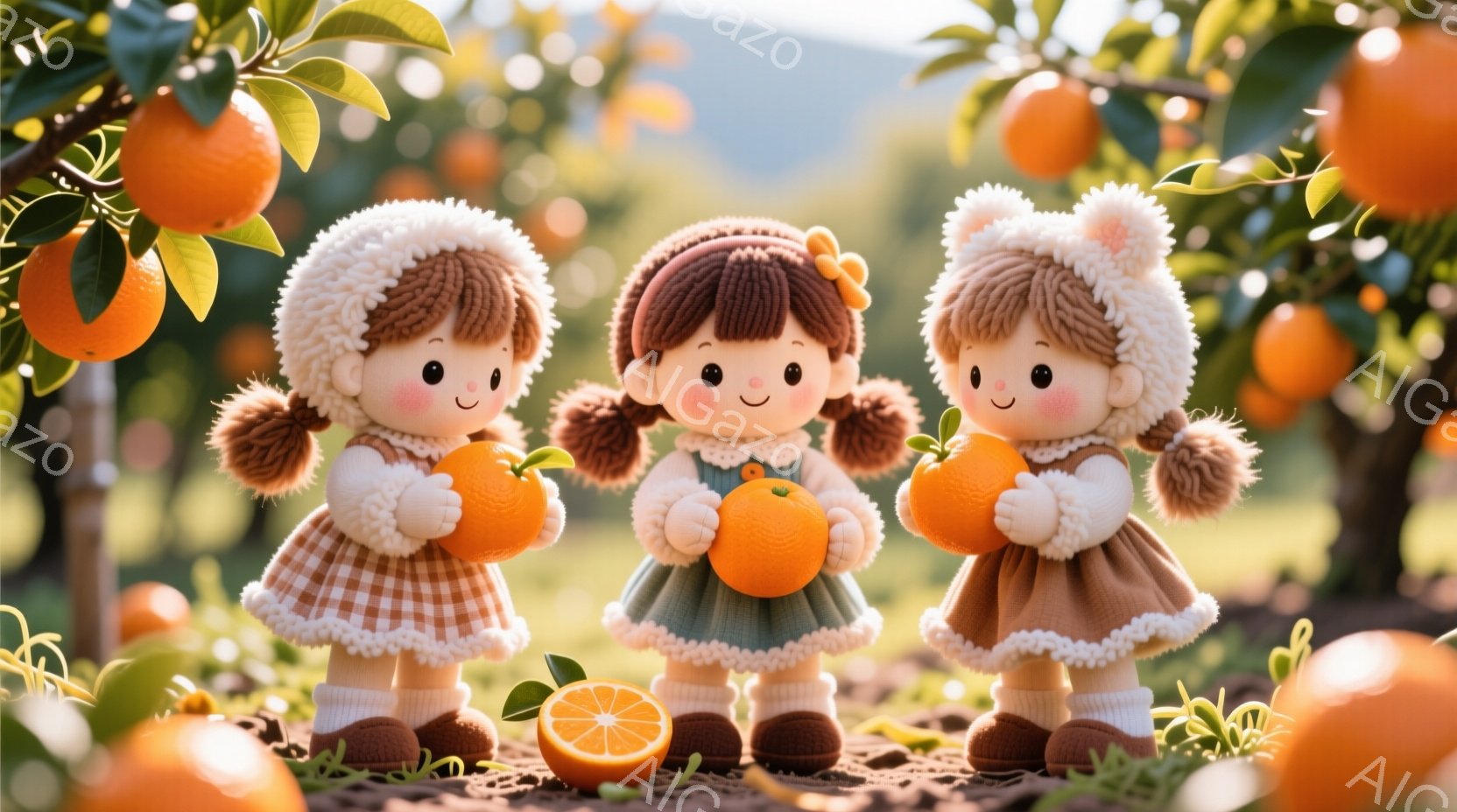 3人の可愛らしい人形が、オレンジの木立の中で立っています。各人形は、ふわふわの帽子、暖色系のドレス、そして結んだ茶色の髪型をしており、顔には微笑みが浮かんでいます。背景には、鮮やかなオレンジの実が実った木々と、穏やかな光が差し込む自然豊かな風景が広がっています。