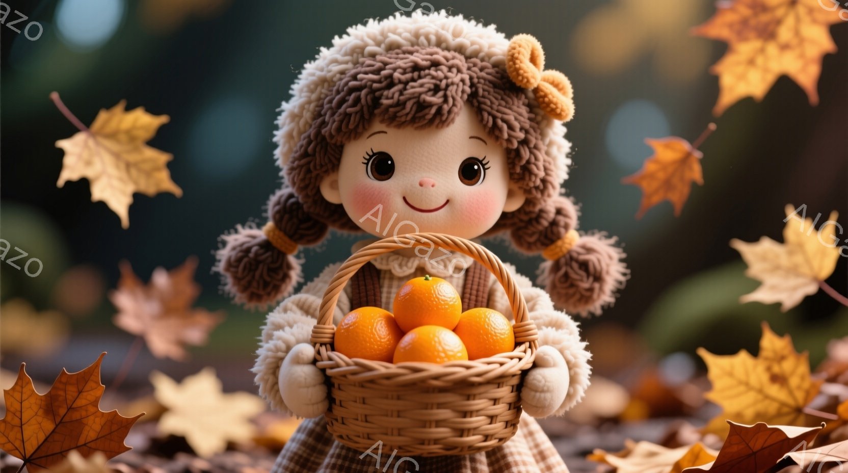 明るい茶色の巻き毛の少女が、両手にバスケットいっぱいのオレンジを持っている。彼女は可愛らしい表情で、茶色の瞳とピンクの頬が印象的だ。背景には、秋らしい紅葉が舞い散り、暖かく穏やかな雰囲気を醸し出している。