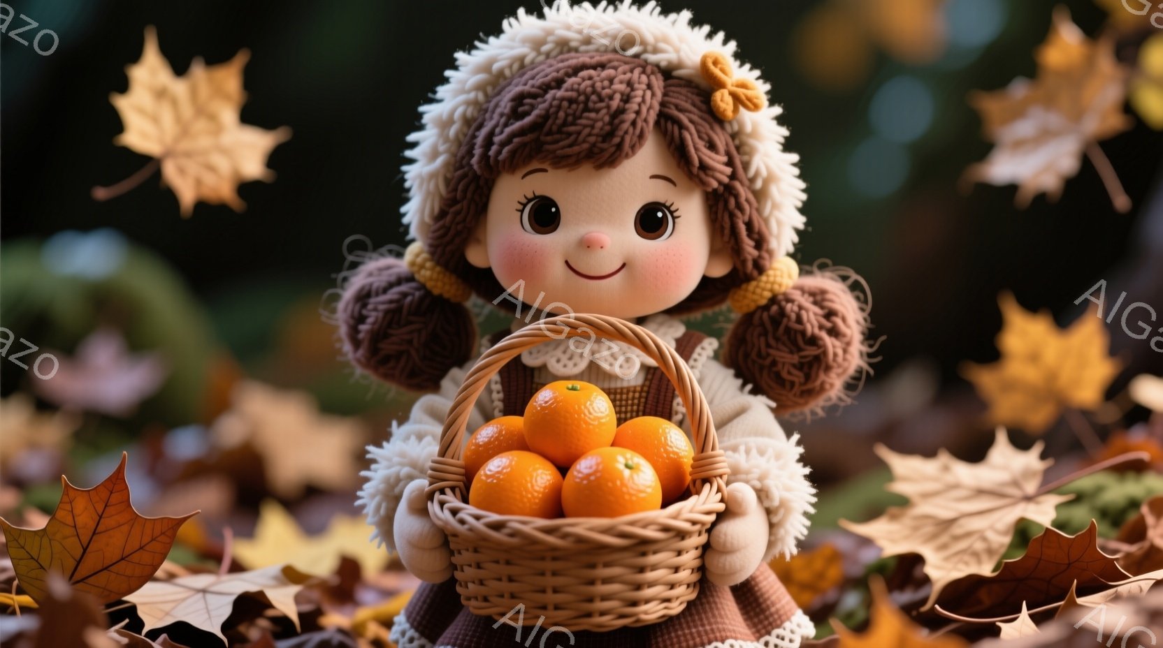 明るい笑顔の少女が、編み物のセーターと帽子を身に着け、頭には編み込みの髪型が特徴的です。彼女は両手に、オレンジが詰まったバスケットを持っています。背景には、秋らしい紅葉が舞い散り、暖かく優しい雰囲気を醸し出しています。