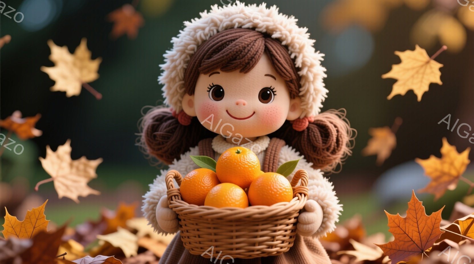 明るいオレンジ色の背景に、茶色の巻き毛に大きな目で、バスケットいっぱいのオレンジを持っている可愛らしい女の子が描かれています。彼女はクリーム色のセーターと帽子を身につけ、微笑みを浮かべており、秋の暖かく柔らかな雰囲気を醸し出しています。背景には舞い散る紅葉が描かれており、季節感と物語性を高めています。