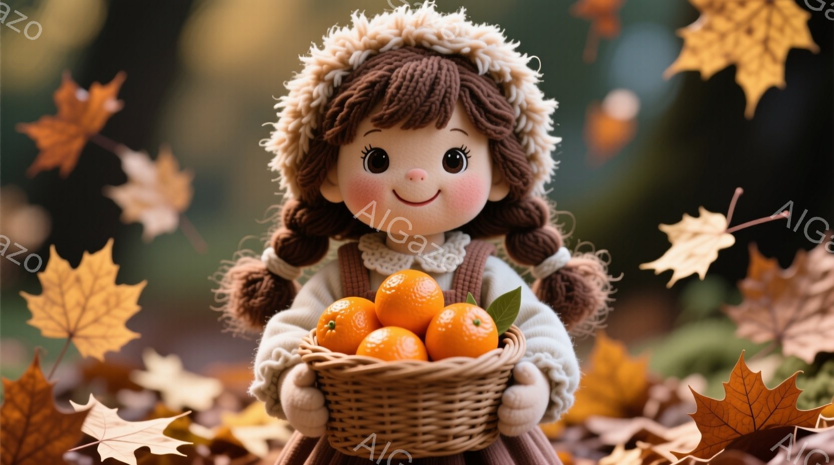 少女は、編み込まれた茶色の髪と、白い花の冠を身に着けている。彼女は白い襟のついた茶色の服を着ており、両手に編んだ籠いっぱいのオレンジ色の果物を抱えている。背景には秋の紅葉が舞い散り、暖かく柔らかな雰囲気を作り出している。