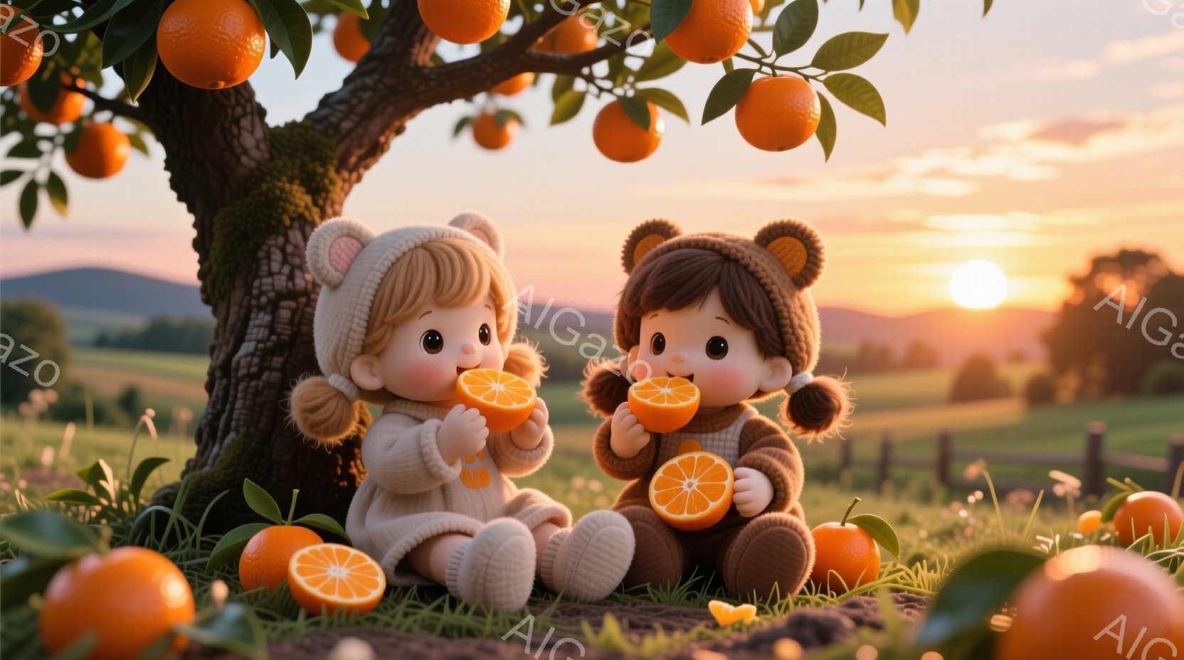 可愛らしい人形のような少年少女が、オレンジの木の下に座ってオレンジを分けて食べている。少女はクリーム色のニット帽とセーターを着ており、髪は二つに結ばれている。背景には緑の牧草地と夕焼け空が広がり、暖かく穏やかな雰囲気を作り出している。