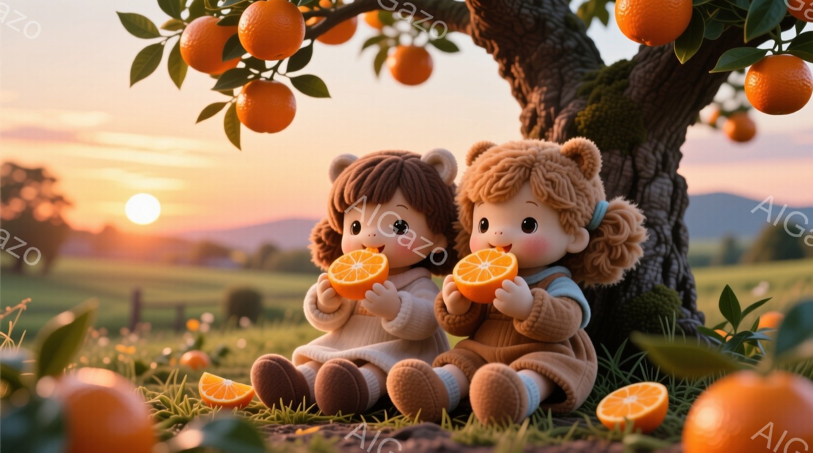 2人の幼い少女が、オレンジの木の下に座ってオレンジを食べている。彼女たちは、ベージュ色のオーバーオールと帽子を身に着け、髪はそれぞれ茶色と金髪のくるくるとしたショートヘアだ。背景には、緑の草地と遠くの山々が広がり、夕焼け空が暖かく優しい雰囲気を醸し出している。