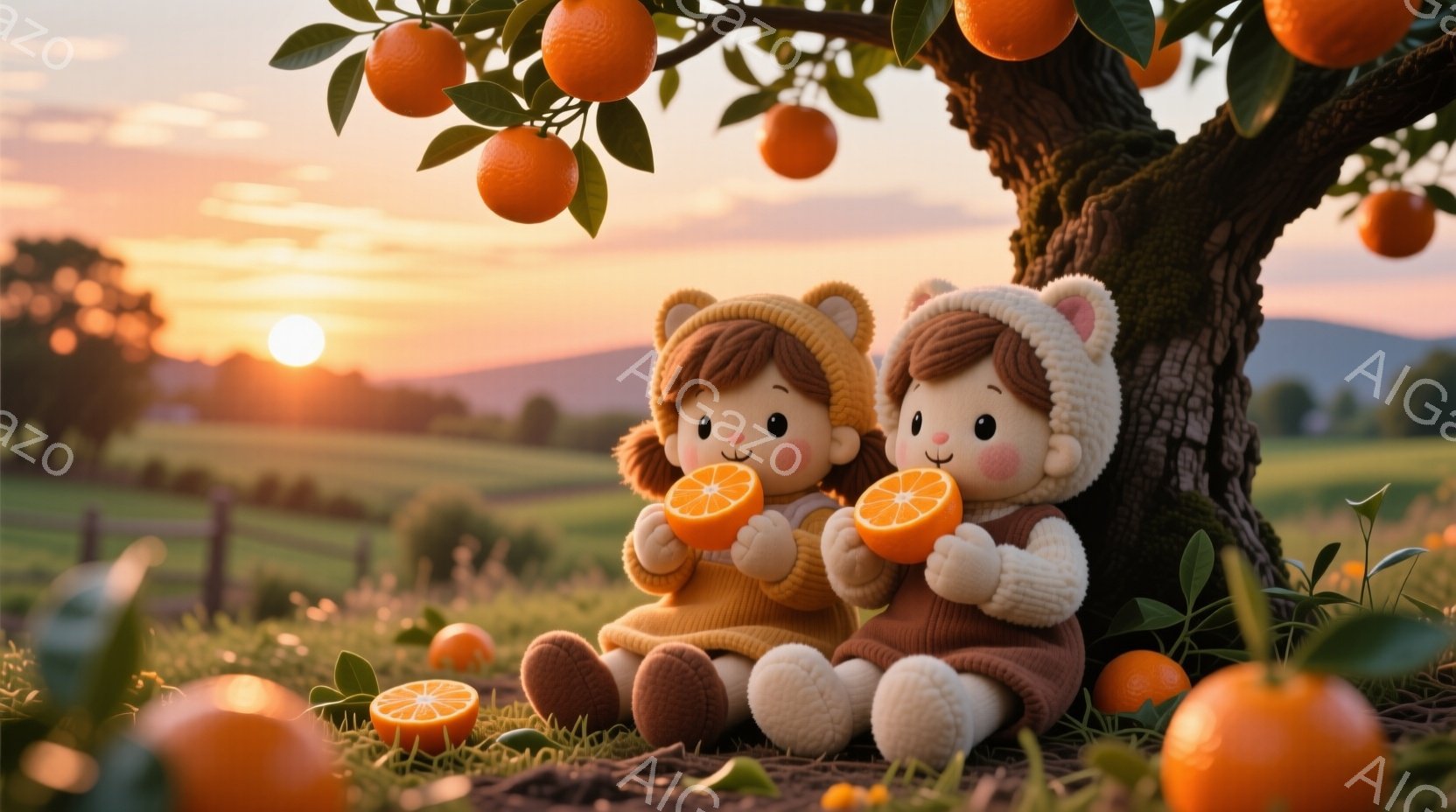 ふわふわしたオレンジ色の帽子と茶色の服を着た、可愛らしい人形のような二人の女の子が、オレンジの半分を手に持って座っています。背景にはオレンジ色の実をつけた木と、夕焼けに染まる草原が広がり、温かく穏やかな雰囲気を醸し出しています。全体的に、童話のような可愛らしい世界観が表現されています。
