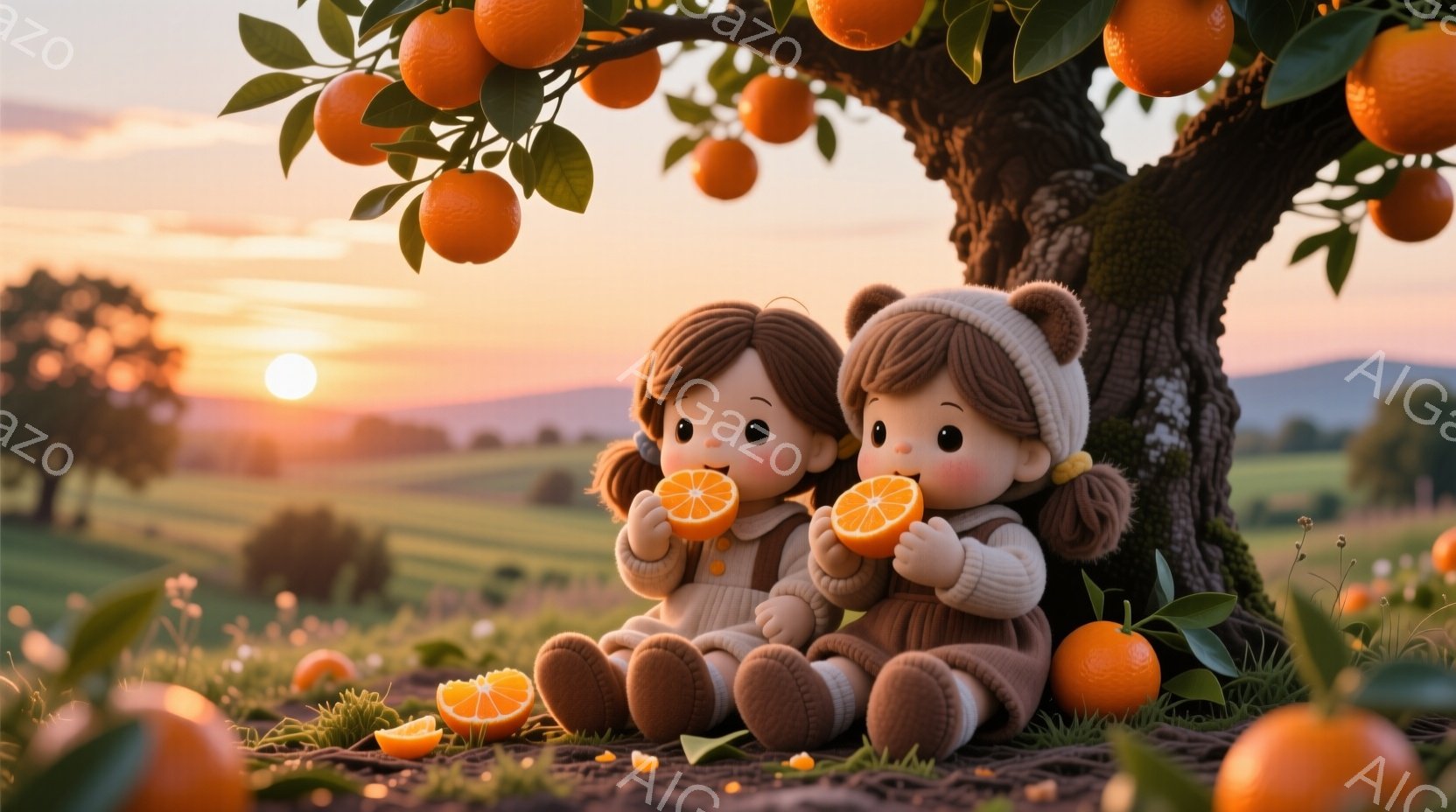 二人の幼い少女が、オレンジの木の下に座ってオレンジを食べている。彼女たちは茶色の髪をポニーテールにし、ベージュ色のフード付きのオーバーオールを着ている。背景には緑の牧草地が広がり、夕焼けが暖かく穏やかな雰囲気を作り出している。