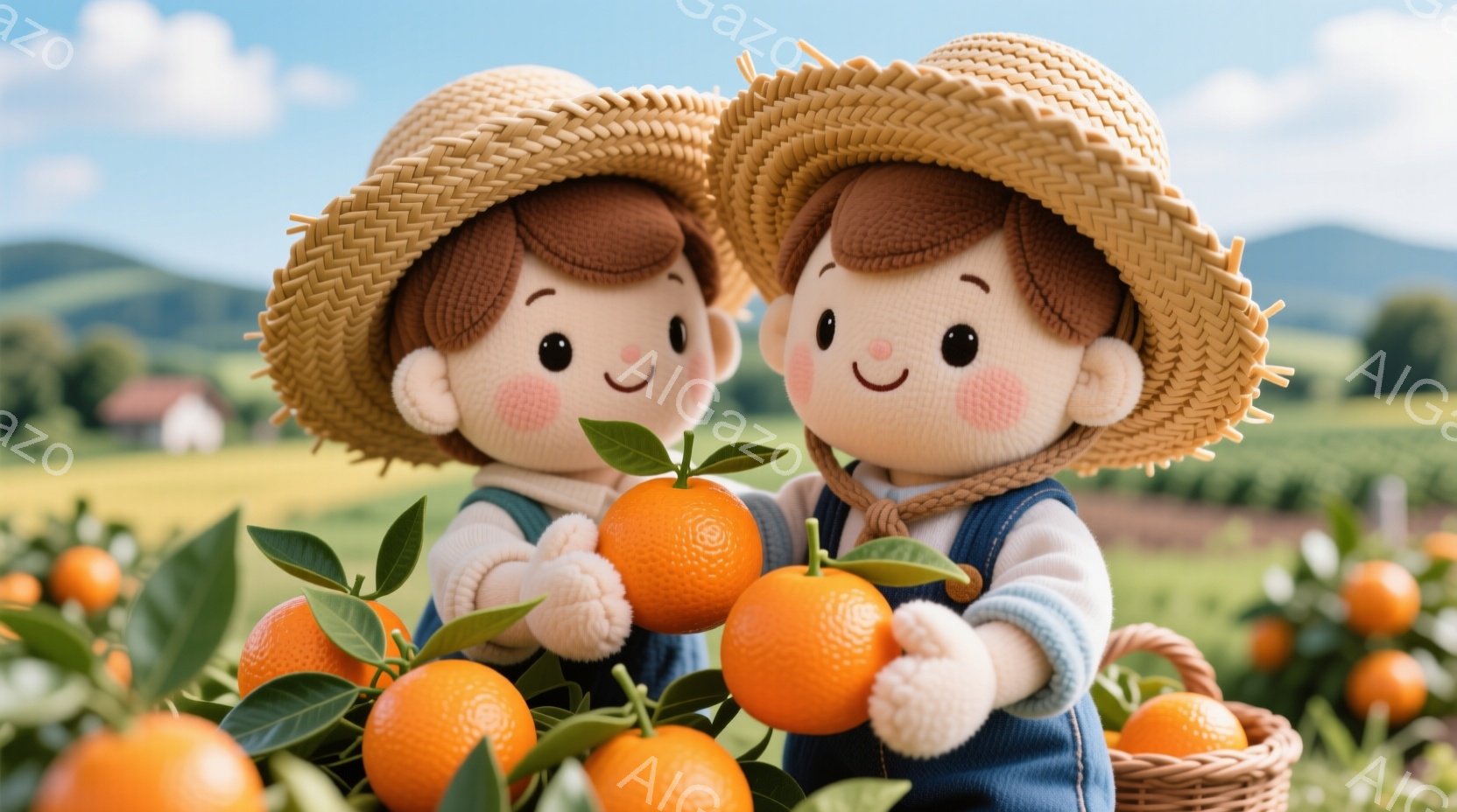 麦わら帽子をかぶった、つぶらな瞳の少年が二人、みかんを手に持っています。彼らは青いオーバーオールを着ており、背景にはみかんの木と緑豊かな風景が広がっています。全体的に温かく、穏やかな雰囲気が漂う、可愛らしいイラストレーションです。