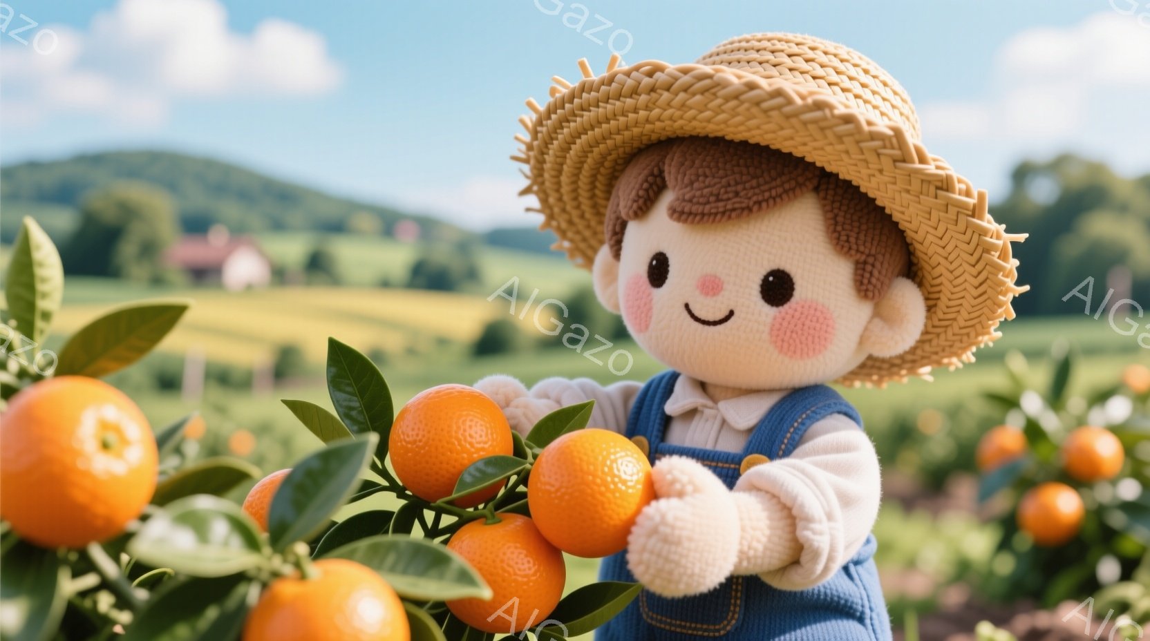 麦わら帽子をかぶった、愛らしい女の子がオレンジの収穫を楽しんでいます。白いセーターとオーバーオール姿で、満面の笑みを浮かべながら、オレンジを手に取っています。背景には緑豊かなオレンジ園と、遠くの丘陵地帯が見え、穏やかで温かい雰囲気が漂っています。
