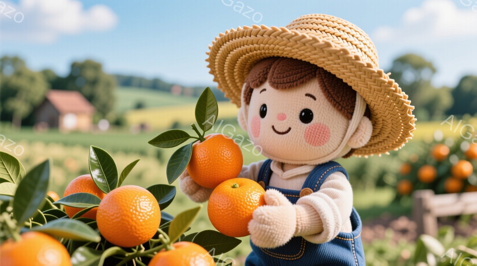 少年は麦わら帽子とオーバーオールを着て、オレンジの木からオレンジを収穫しています。彼の表情は明るく、ほほえんでいます。背景にはオレンジ畑が広がり、遠くには建物と緑豊かな風景が広がっており、晴れた日の穏やかな雰囲気が漂っています。