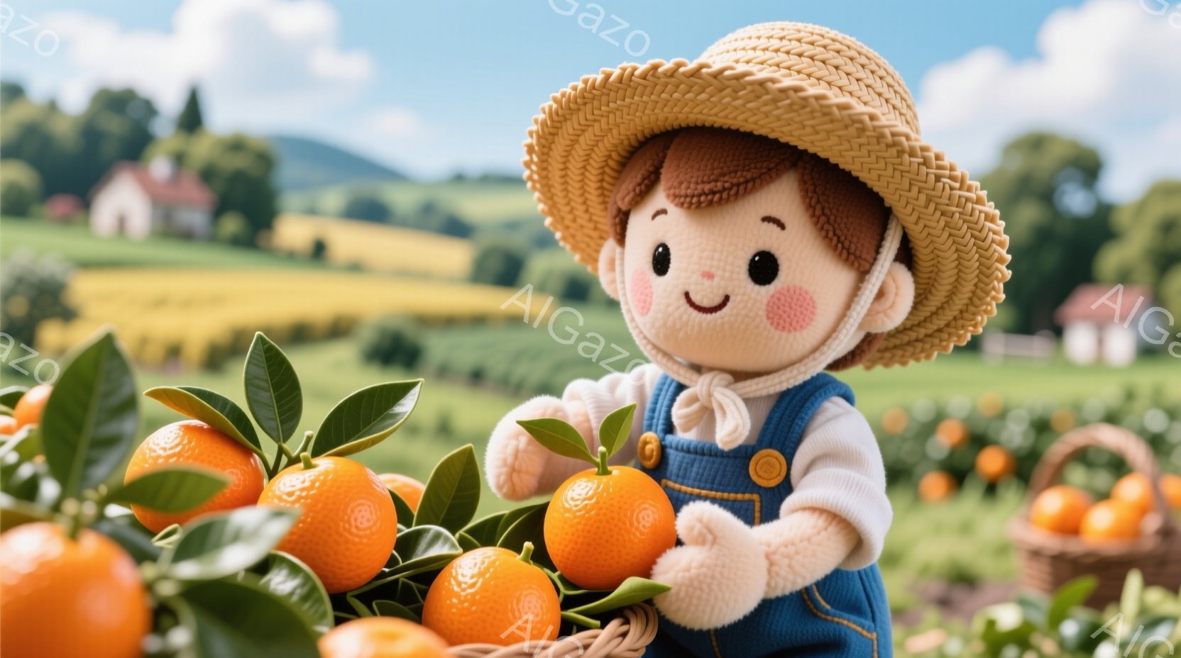 麦わら帽子をかぶった、まるでぬいぐるみのような少女が、オレンジの収穫を楽しんでいます。彼女は白い長袖シャツにオーバーオール姿で、頬を赤らめて微笑んでいます。背景には緑豊かなオレンジ畑が広がり、遠くには家々と青空が見え、温かく穏やかな雰囲気が漂っています。