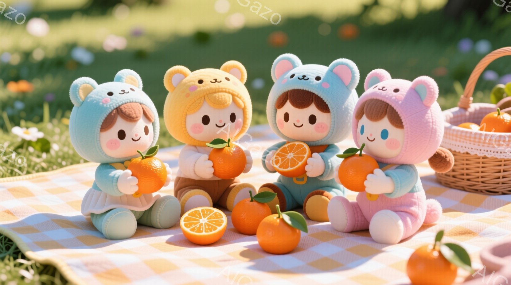 鮮やかなオレンジ色のミカンをテーマにした、可愛らしいぬいぐるみのようなキャラクターたちが描かれています。キャラクターたちはそれぞれ、異なるパステルカラーのくまの耳付きのフード付きセーターを着て、膝を抱えて座っており、満面の笑みを浮かべています。背景には、チェック柄のピクニックシートが敷かれ、オレンジやミカンの半分が散らばり、緑豊かな自然が広がっています。