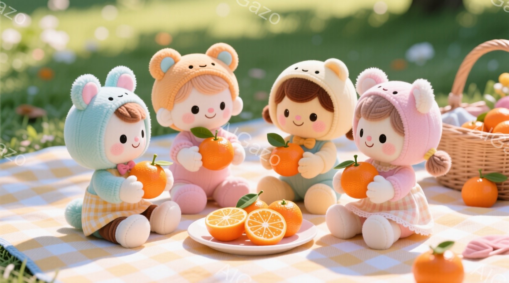 4人の可愛らしい人形がピクニックシートに座り、それぞれオレンジを持っています。人形たちはパステルカラーの可愛らしい帽子と服を着ており、それぞれ異なる髪の色と表情で微笑んでいます。背景には緑豊かな自然が広がり、切られたオレンジのスライスが置かれたお皿がアクセントになっています。