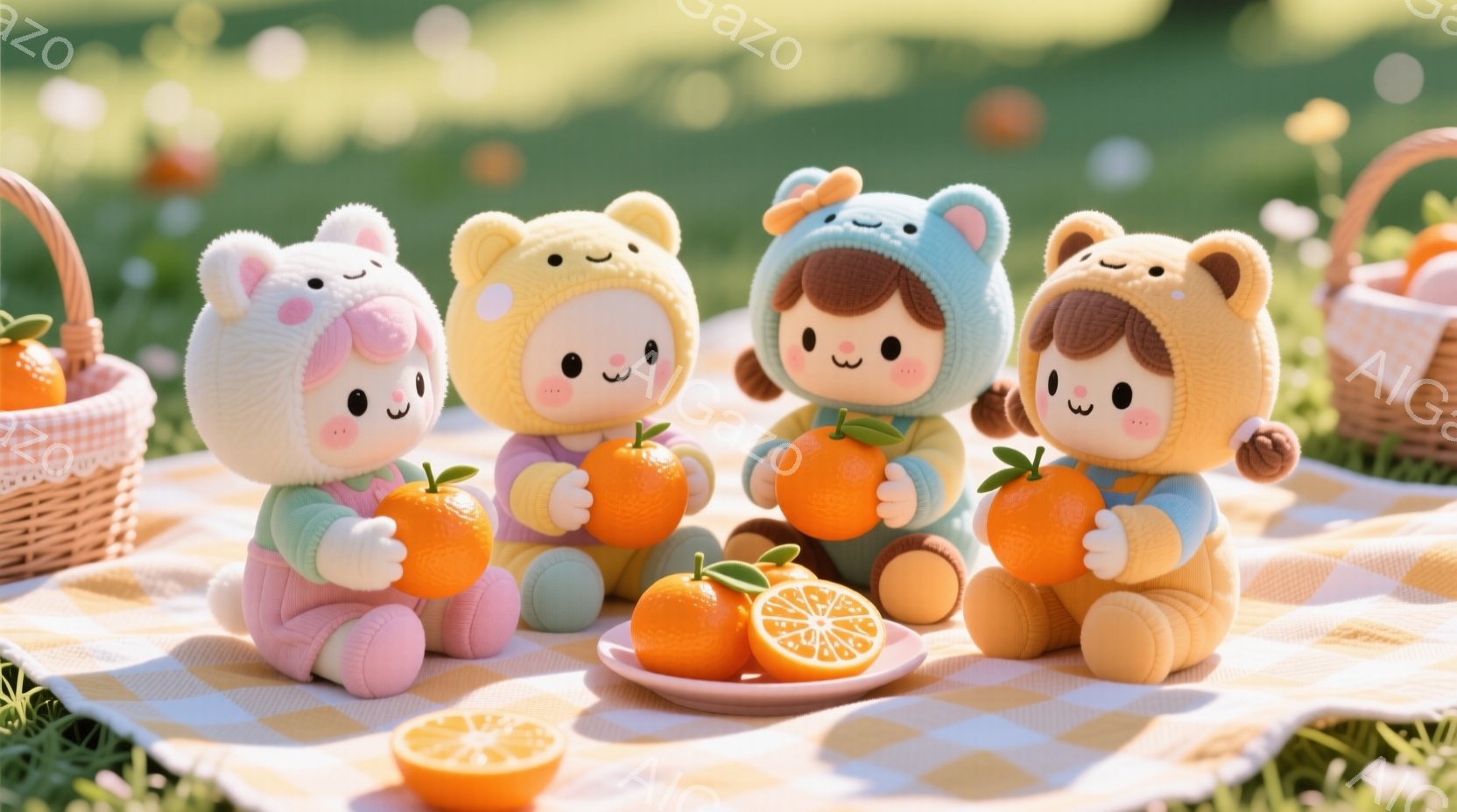 可愛らしい人形たちがピクニックを楽しんでいます。それぞれパステルカラーの動物モチーフのパーカーを着ており、オレンジ色の帽子をかぶっています。背景には緑の芝生とぼやけたオレンジ色の花が広がり、温かくて穏やかな雰囲気が漂っています。