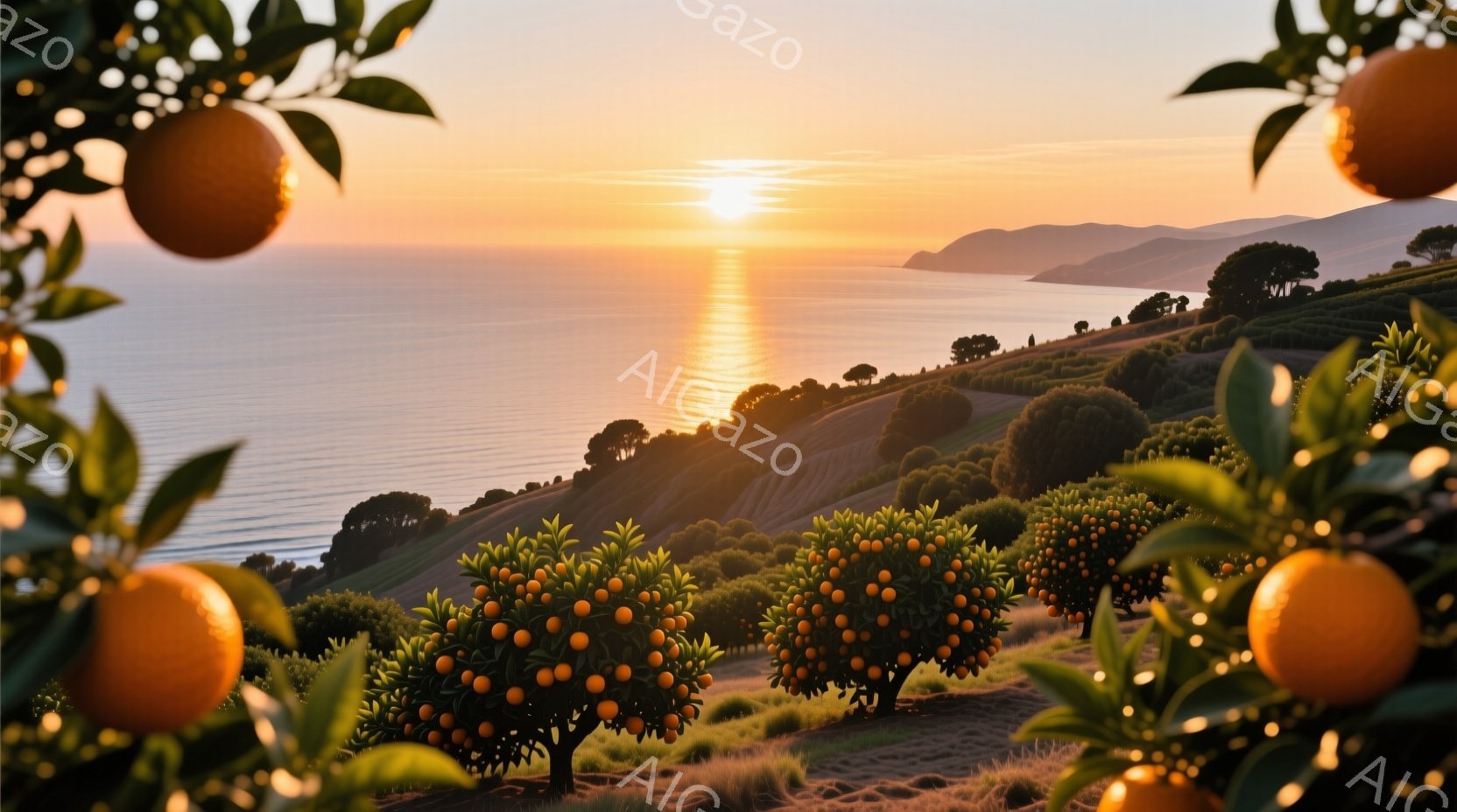 丘一面に広がるオレンジの木々が印象的な風景です。夕焼けが海面を金色に染め、遠くの山々と一体となって壮大な景色を作り出しています。オレンジの木々は前景を彩り、まるで額縁のように美しい夕焼けの風景を際立たせています。