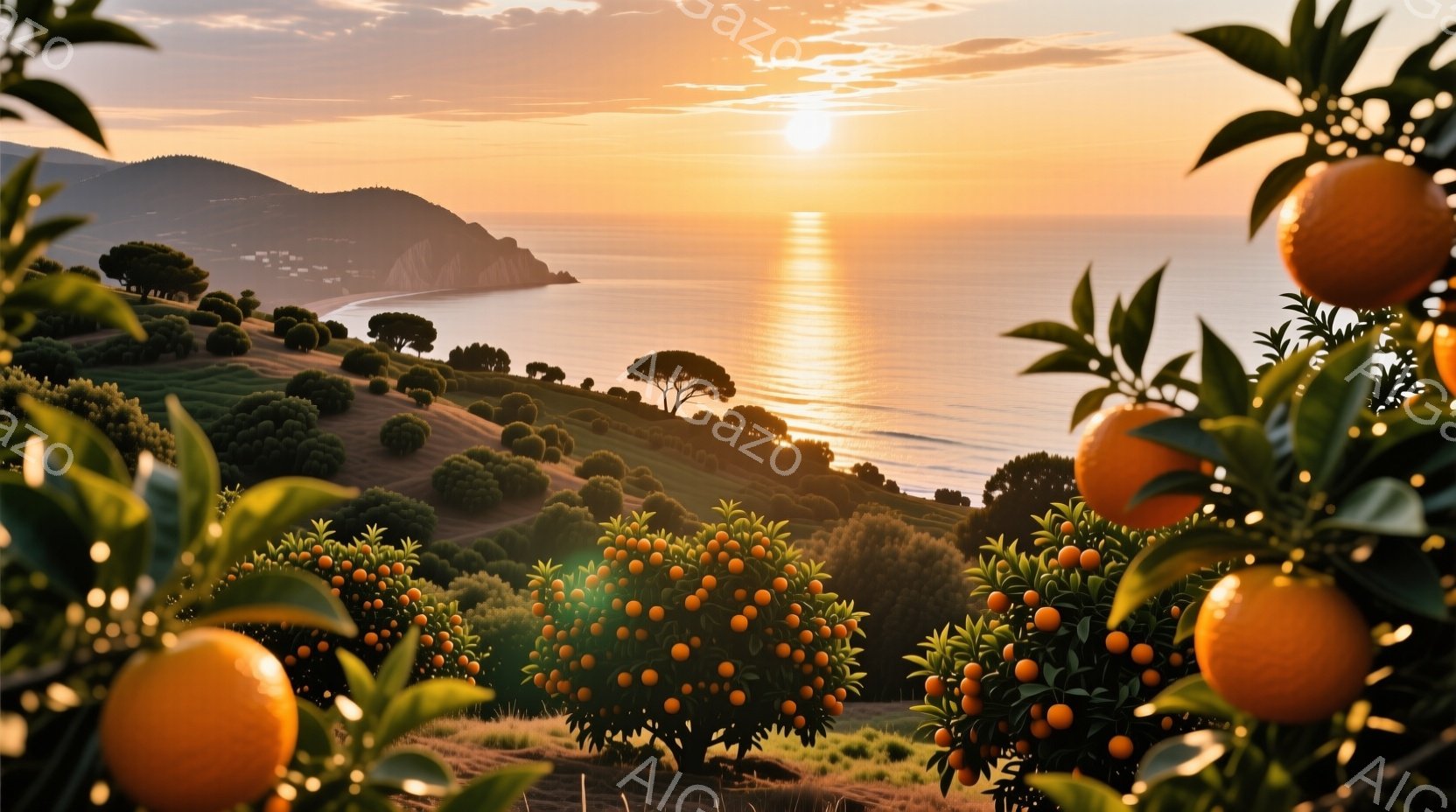 鮮やかなオレンジ色の実がたわわに実った木々が、緑の丘陵地帯を覆い、背景には穏やかな海と夕焼けが広がっています。太陽は海に沈みかけ、水面に金色の光の道を引いています。全体的に暖かく、穏やかで、自然豊かな雰囲気を感じさせます。