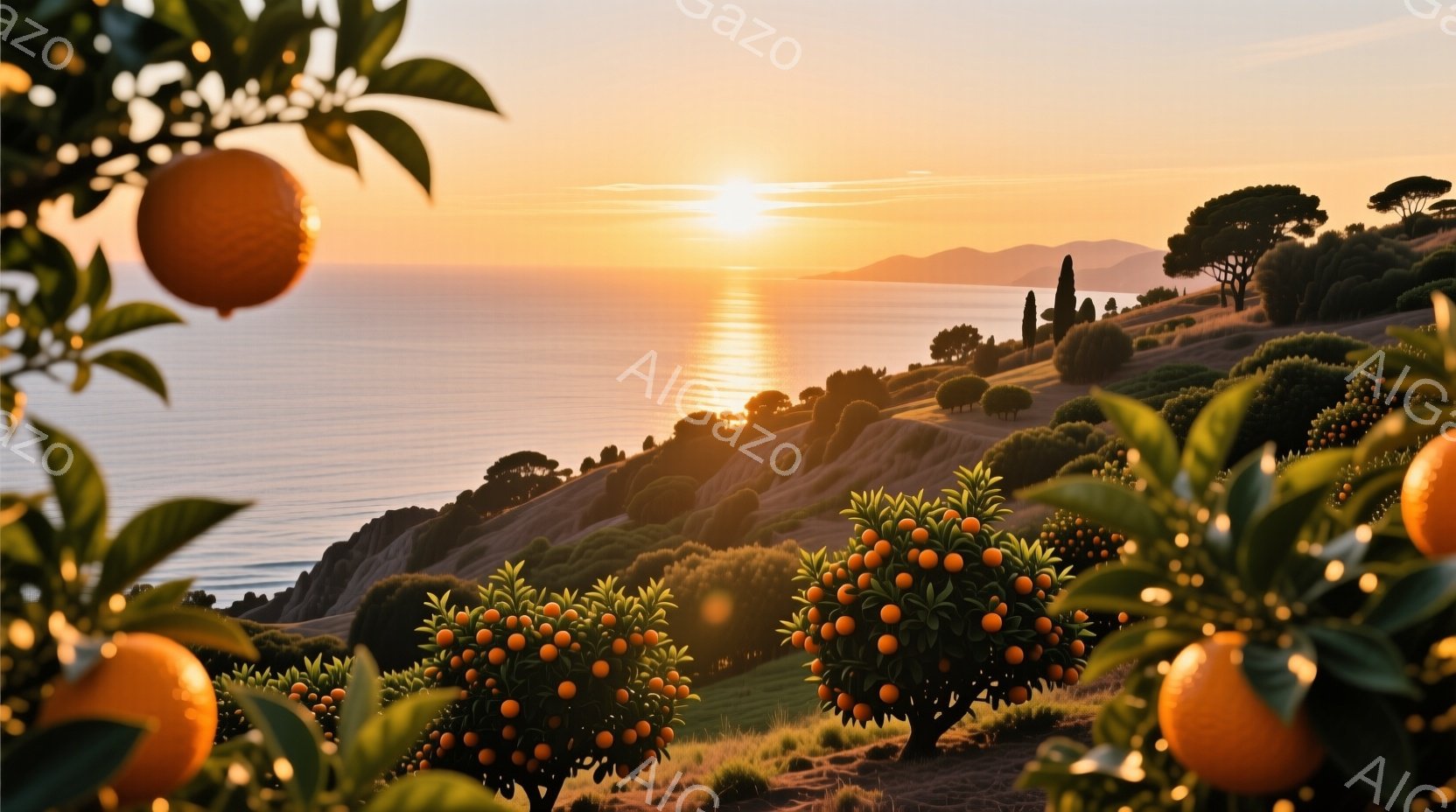 オレンジの木が手前に配置され、背景には穏やかな海と夕日に照らされた丘陵地帯が広がっています。太陽は海に沈みかけており、空と海を鮮やかなオレンジ色に染め上げています。全体的に暖かく、平和で、静寂な雰囲気が漂っています。