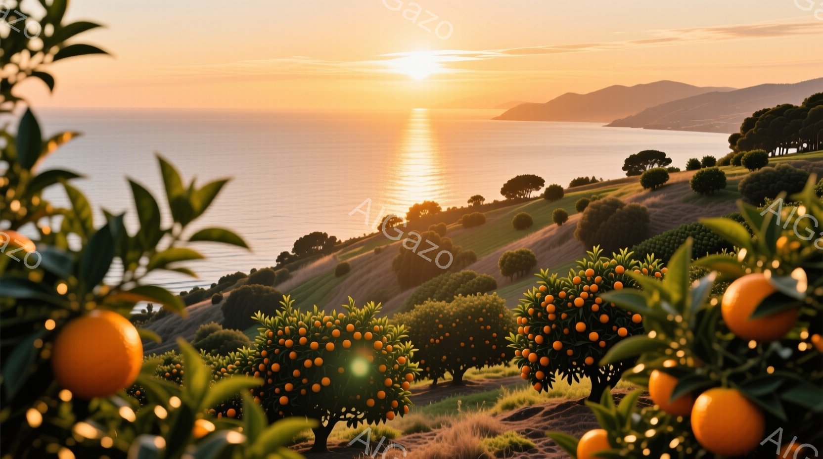 鮮やかなオレンジ色の果実が実る果樹園が、穏やかな傾斜に広がる風景です。背景には紺碧の海と遠くに見える山々が広がり、夕焼けのオレンジ色が海面と空を染め上げています。全体的に暖かく、平和で穏やかな雰囲気を - AI生成フリー素材