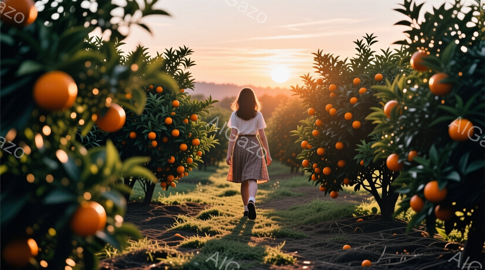 オレンジ色の実をつけた木々が並ぶ果樹園を、一人の女性が歩いている。彼女は明るいピンク色のスカートと白いシャツを着ており、後ろ姿からは穏やかな雰囲気が伝わってくる。背景には夕焼けが広がり、温かく幻想的な光が果樹園全体を包み込んでいる。