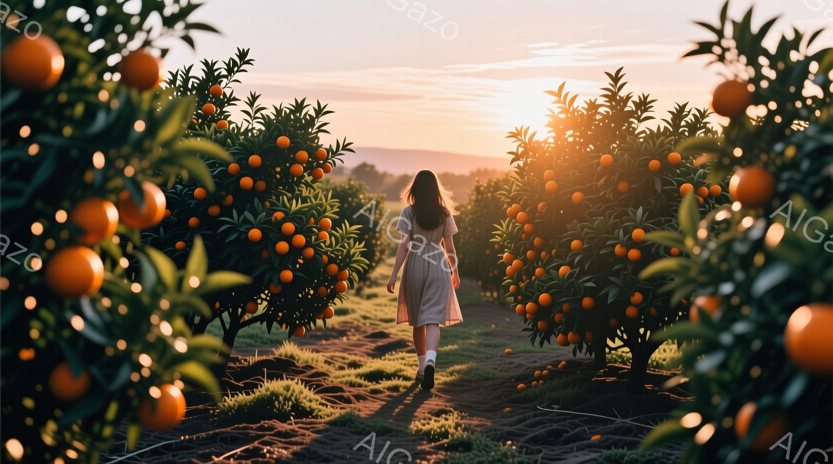オレンジの木々が並ぶ果樹園を、ワンピースを着た女性が歩いている。彼女は後ろ姿で、長い髪が背中に流れており、どこか物憂げな雰囲気を漂わせている。夕焼けの光が木々の間から差し込み、暖かく幻想的な雰囲気を醸 - AI生成フリー素材