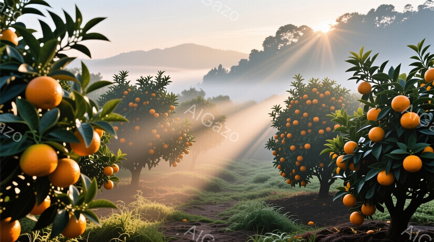 鮮やかなオレンジ色の実をつけた柑橘類の木々が密集しており、その葉は緑豊かで、朝日に照らされています。背景には霧のかかった丘陵地帯が広がり、柔らかな光が木々の間から差し込み、穏やかで牧歌的な雰囲気を醸し出しています。全体的に暖かく、自然豊かな風景が印象的です。