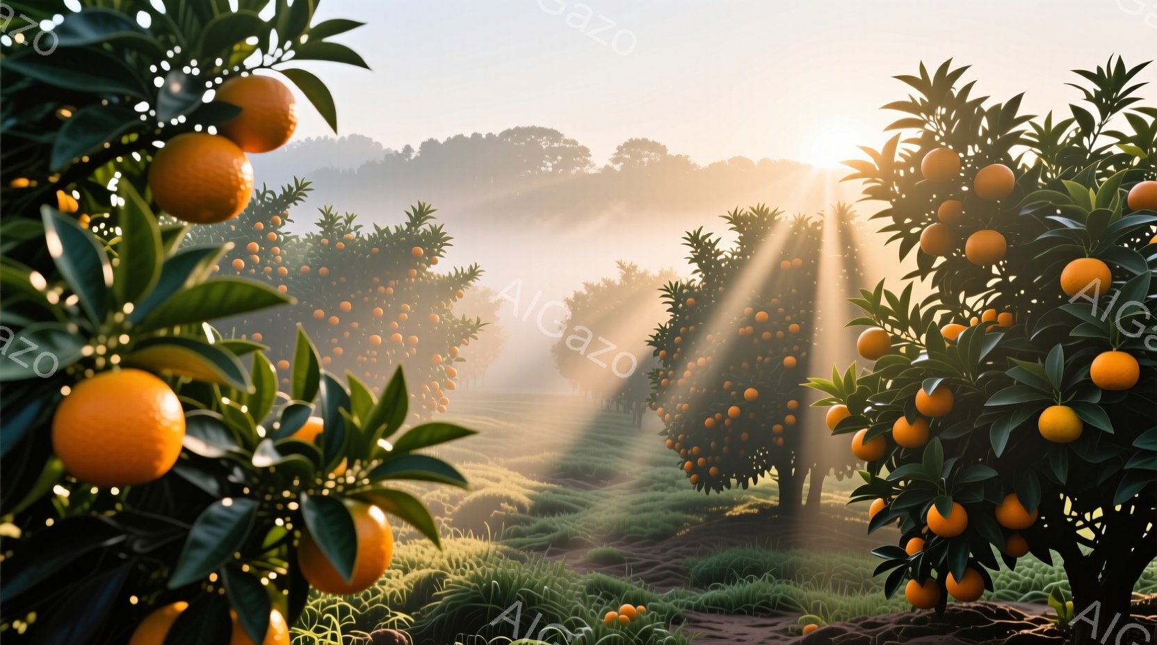 オレンジの木々が密集した果樹園が広がっており、鮮やかなオレンジ色の実が緑の葉の間から覗いています。朝日の光が霧を通して差し込み、木々の間を照らし、神秘的で温かい雰囲気を醸し出しています。手前の木には多 - AI生成フリー素材