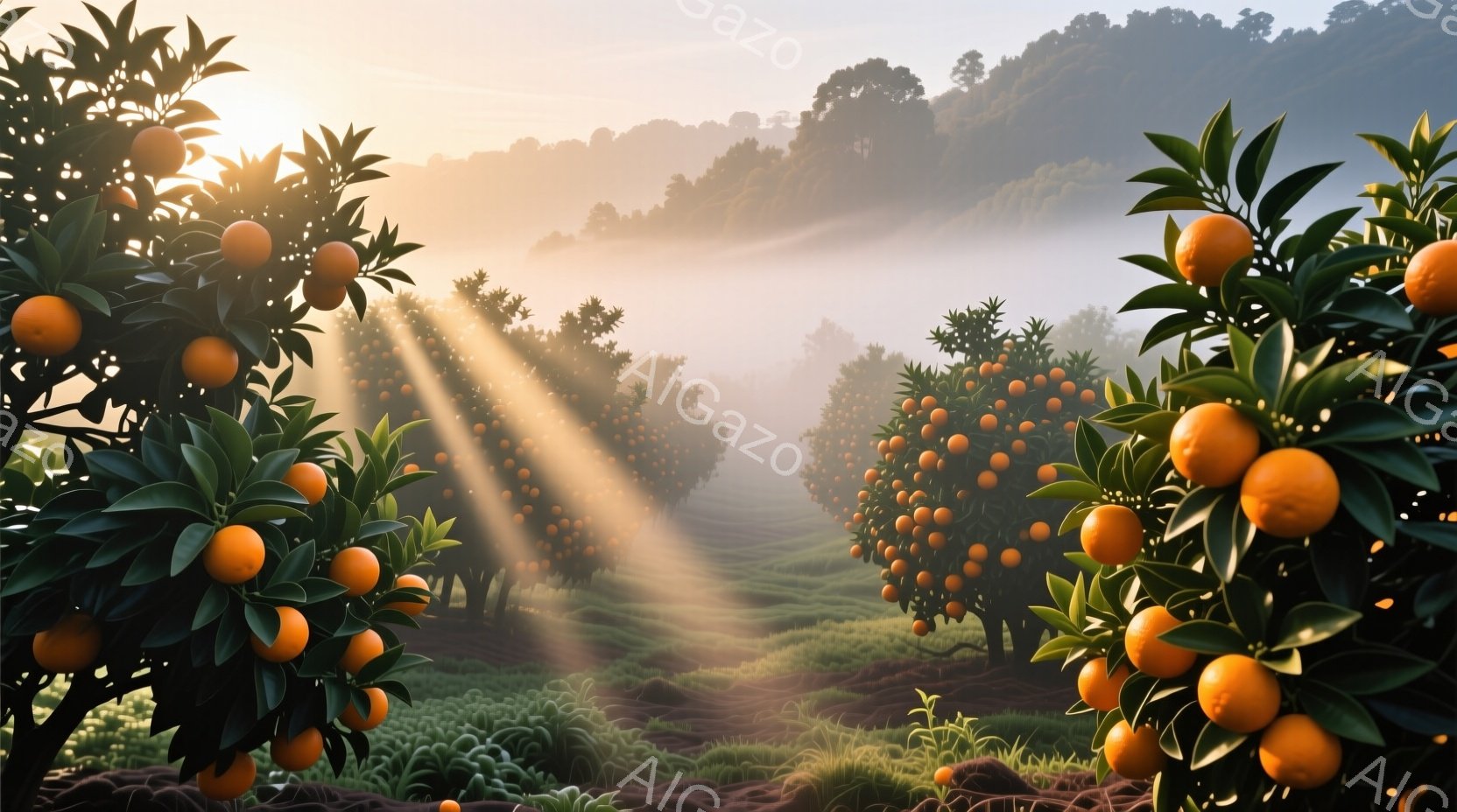 みかん園が霧に包まれ、朝日が差し込む様子が描かれている。みかんの木々が整然と並び、オレンジ色の実が豊かに実っている。背景には緑豊かな丘陵が霞んでおり、静かで穏やかな雰囲気が漂っている。