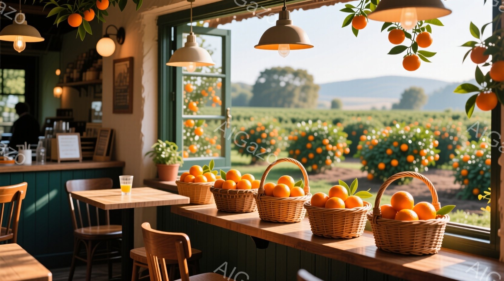 鮮やかなオレンジ色のミカンが実る果樹園を背景に、緑色の壁と木製のカウンターがあるカフェの内部が写っている。カウンターの上には、ミカンをいっぱいに詰めた籐のバスケットが並び、テーブルにはオレンジジュースの入ったグラスが置かれている。全体的に暖かく、心地よい雰囲気が漂い、豊かな自然に囲まれたリラックスできる空間であることがわかる。