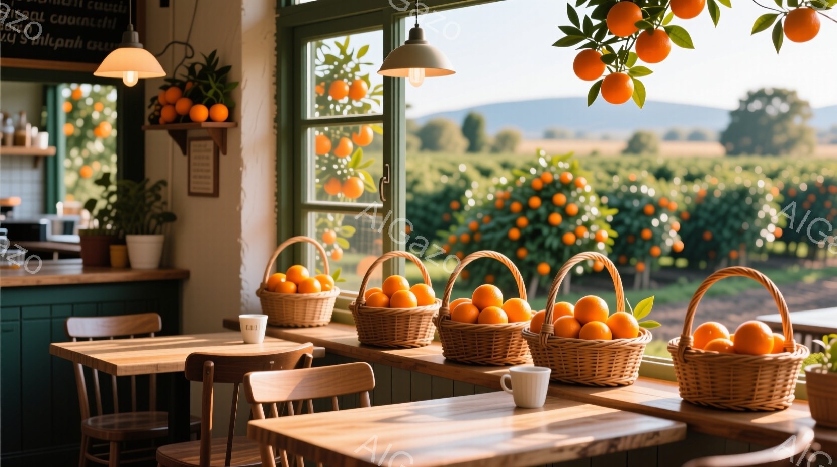 温かい光が差し込む、緑色の壁と木製のテーブルが並ぶカフェの内部です。オレンジ色の果実がたっぷり詰まったバスケットがテーブルの上に並べられ、背景にはオレンジの木が広がる果樹園が広がっています。静かで穏やかな雰囲気で、秋の暖かさと豊かさを感じさせます。