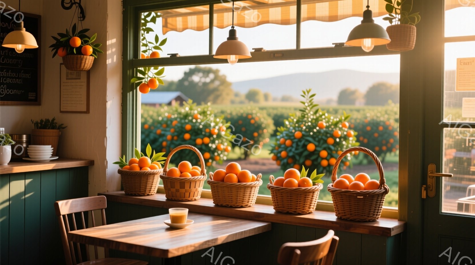 温室のようなカフェの内部で、オレンジがたっぷり詰まったバスケットが窓辺に並べられています。窓の外にはオレンジ畑が広がり、夕焼けのような暖かな光が差し込んでいる様子は、穏やかでリラックスした雰囲気を醸し出しています。木製のテーブルと椅子、そして鮮やかな緑色の壁が、全体に自然で素朴な印象を与えています。