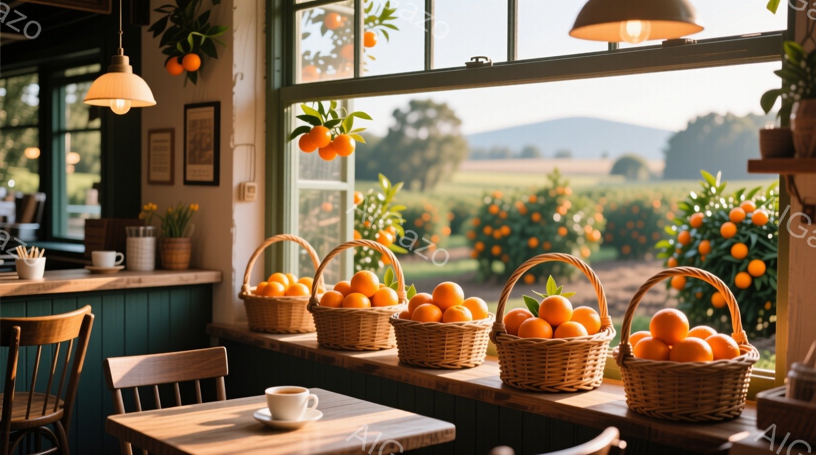 窓辺にオレンジがぎっしり詰まったバスケットが並べられ、暖かい光が差し込むカフェの内部です。木製のテーブルと椅子、緑色のパネル、そして背景に見えるオレンジ畑が広がり、穏やかでリラックスした雰囲気を醸し出しています。自然光と鮮やかなオレンジ色が組み合わさり、心地よい空間を作り出しています。
