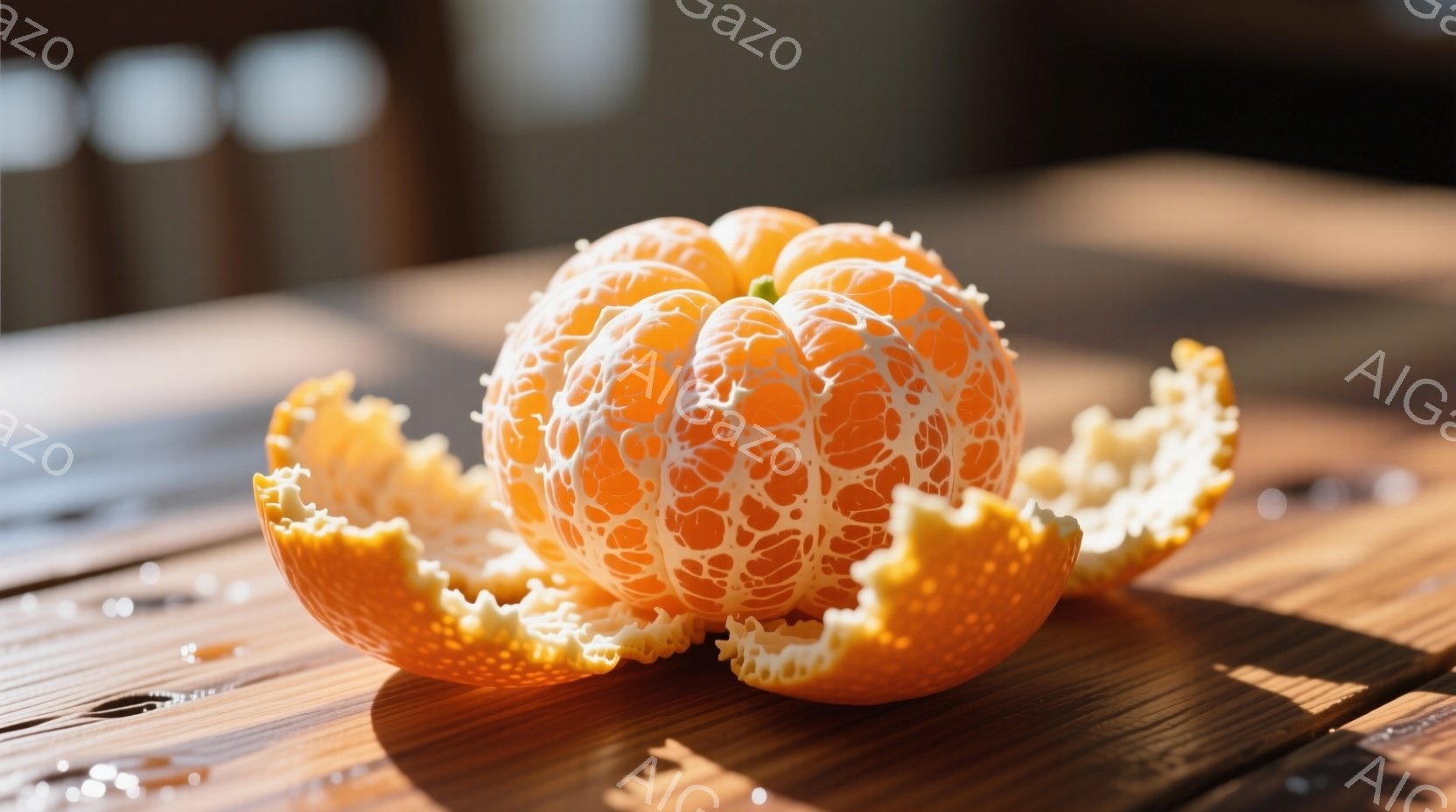 剥きかけのみかんが、木の板の上に置かれている。みかんの皮は白く、表面の凹凸が強調され、みかんの果肉のオレンジ色が鮮やかである。背景はぼやけており、暖色系の木目調のテーブルトップが主な要素となっている。 - AI生成フリー素材